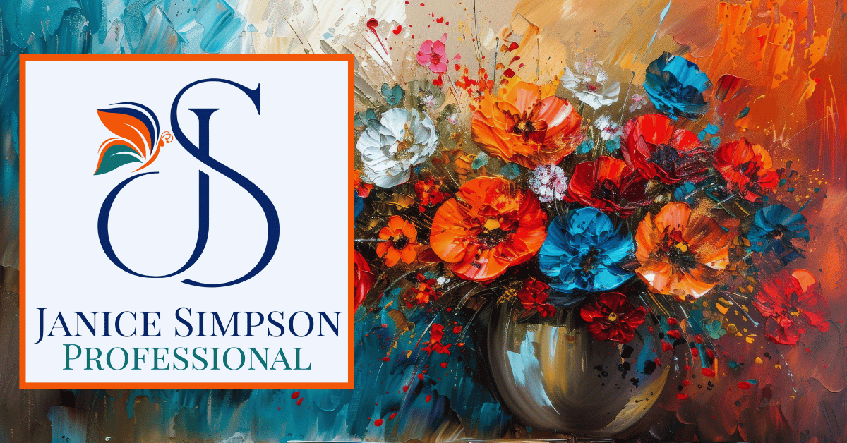 Janice Simpson Professional Homepage brand logo featuring a butterfly monogram, set against a colorful, textured oil painting of an autumnal floral arrangement in a glass vase.