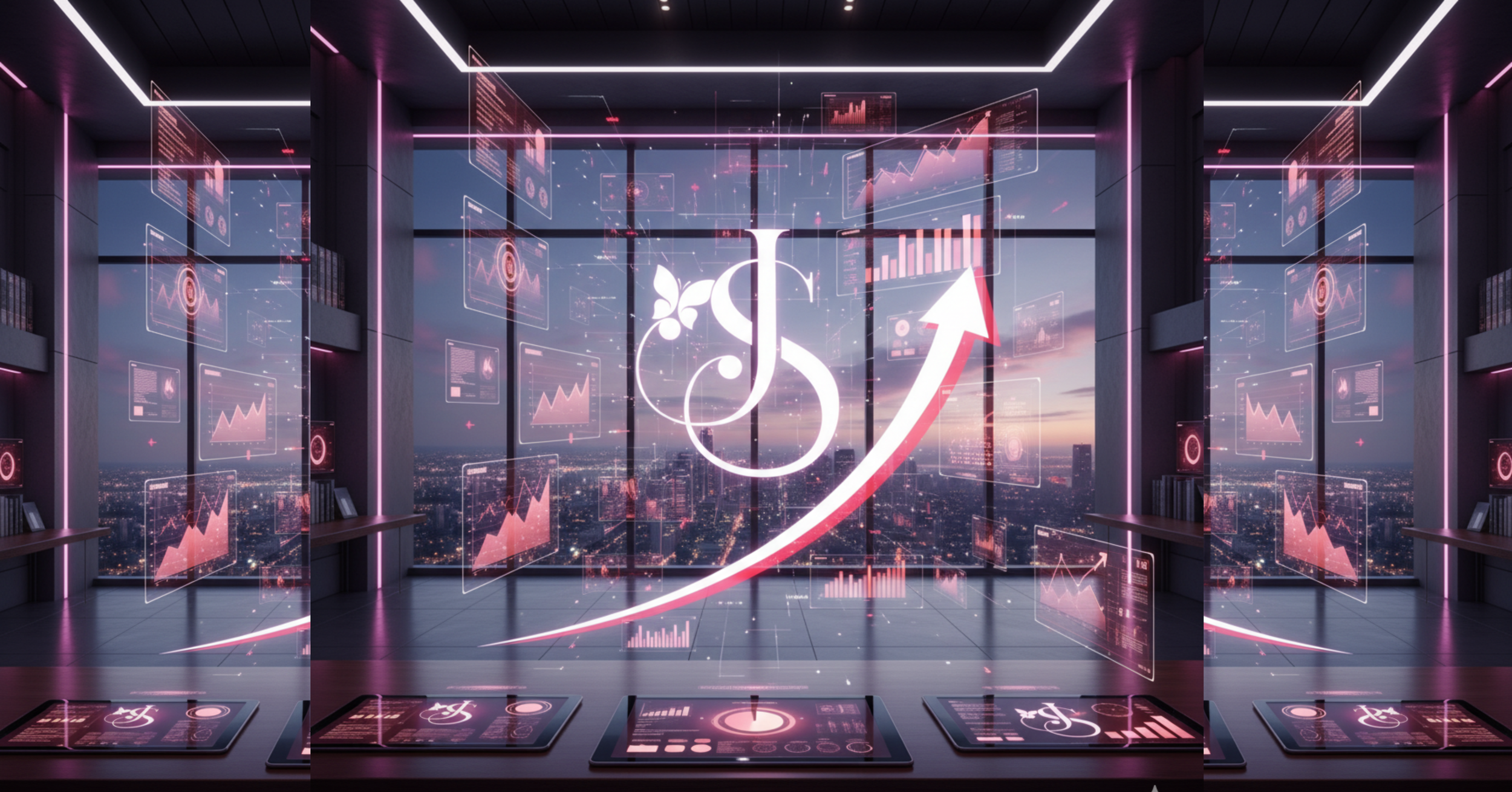 A modern skyscraper office with large glass windows, city skyline view, and futuristic holographic financial graphs and charts with an upward trending arrow, overlaid with a large TikTok logo.