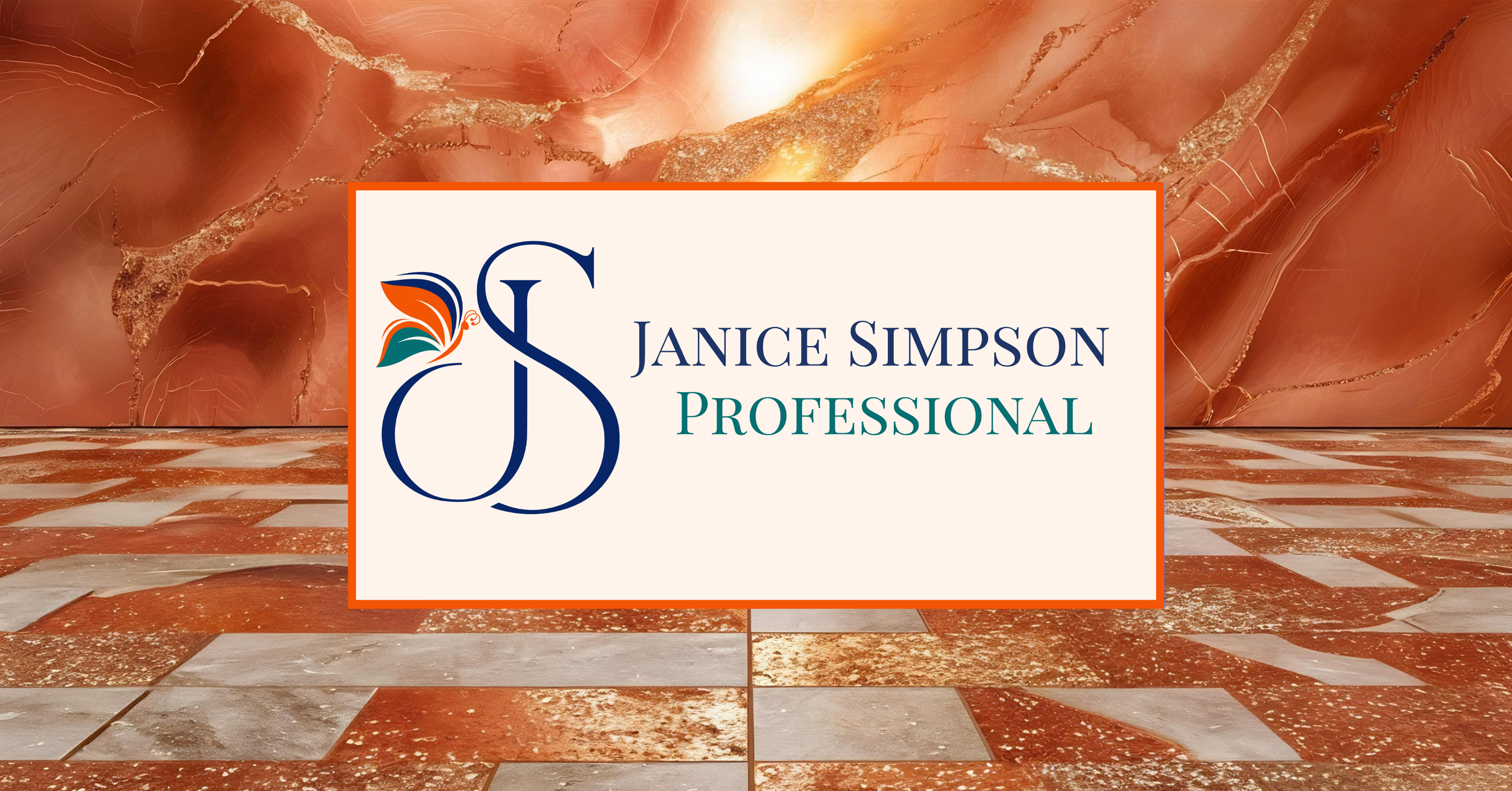 Janice Simpson Professional brand logo displayed against a luxurious background of polished red marble walls and a matching tiled floor.