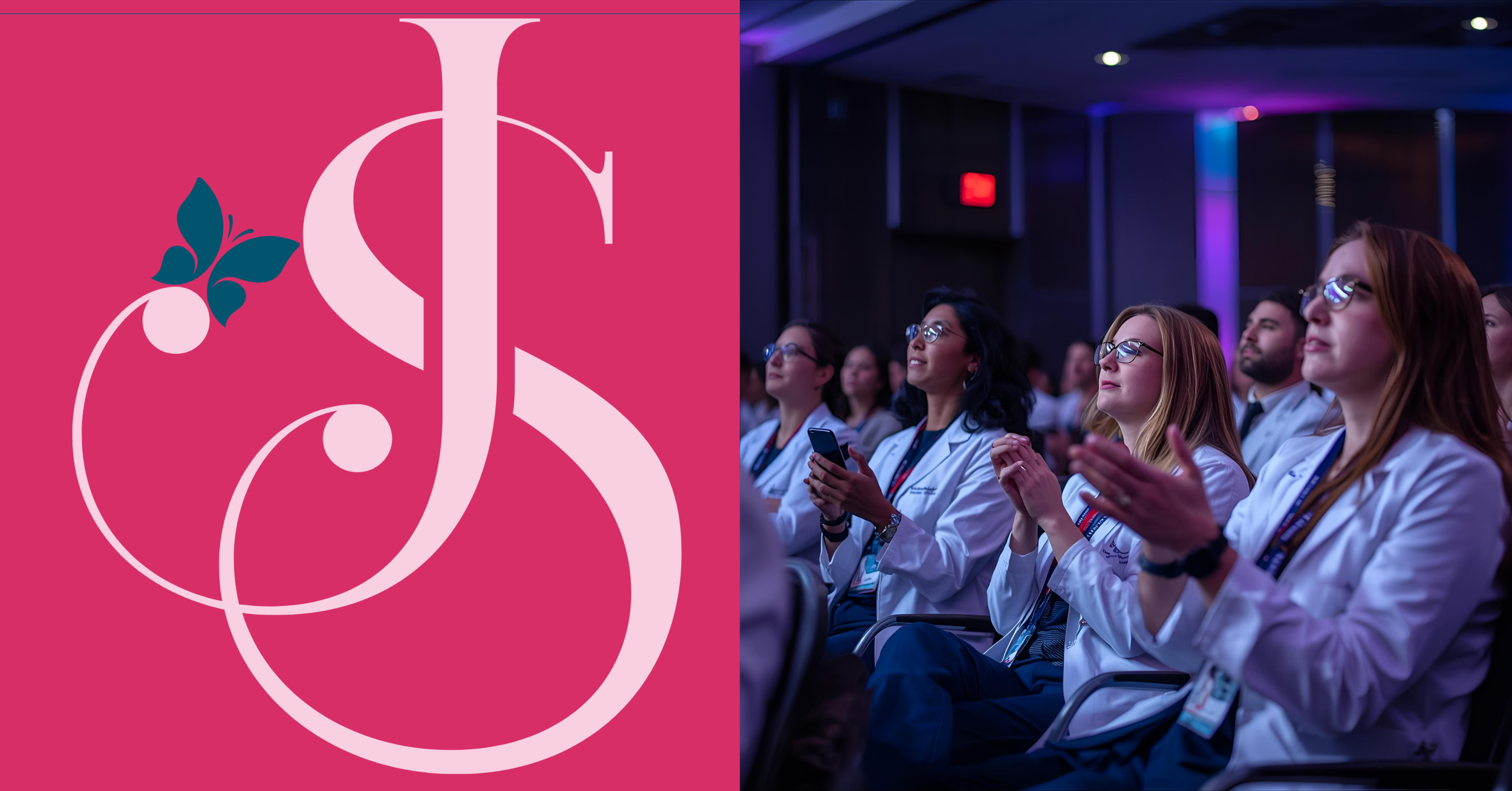 A split image showing a pink background with a decorative white and teal floral design on the left, and a group of medical professionals in white coats attending a conference on the right.
