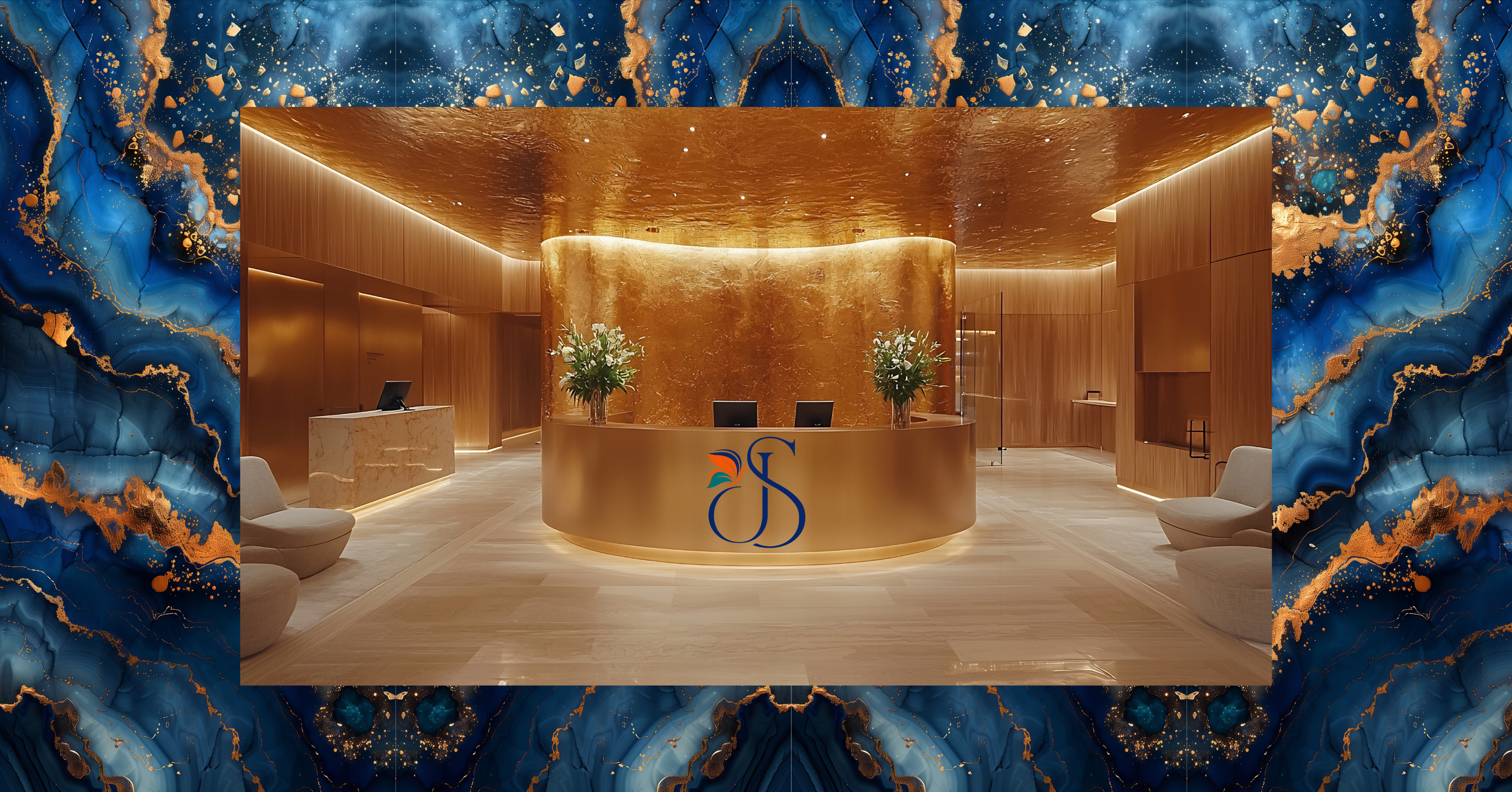 Janice Simpson Professional "JS" butterfly logo displayed on a curved gold reception desk in a luxury medical spa or executive lobby, featuring gold leaf walls, warm ambient lighting, and a blue and gold marble border.
