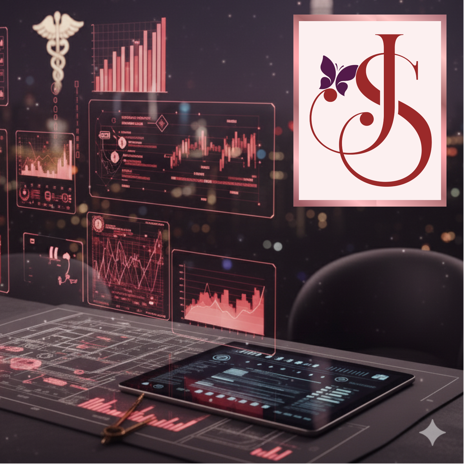 Futuristic digital data interface with charts and graphs on a tablet and a holographic display in a dark room with city lights outside.