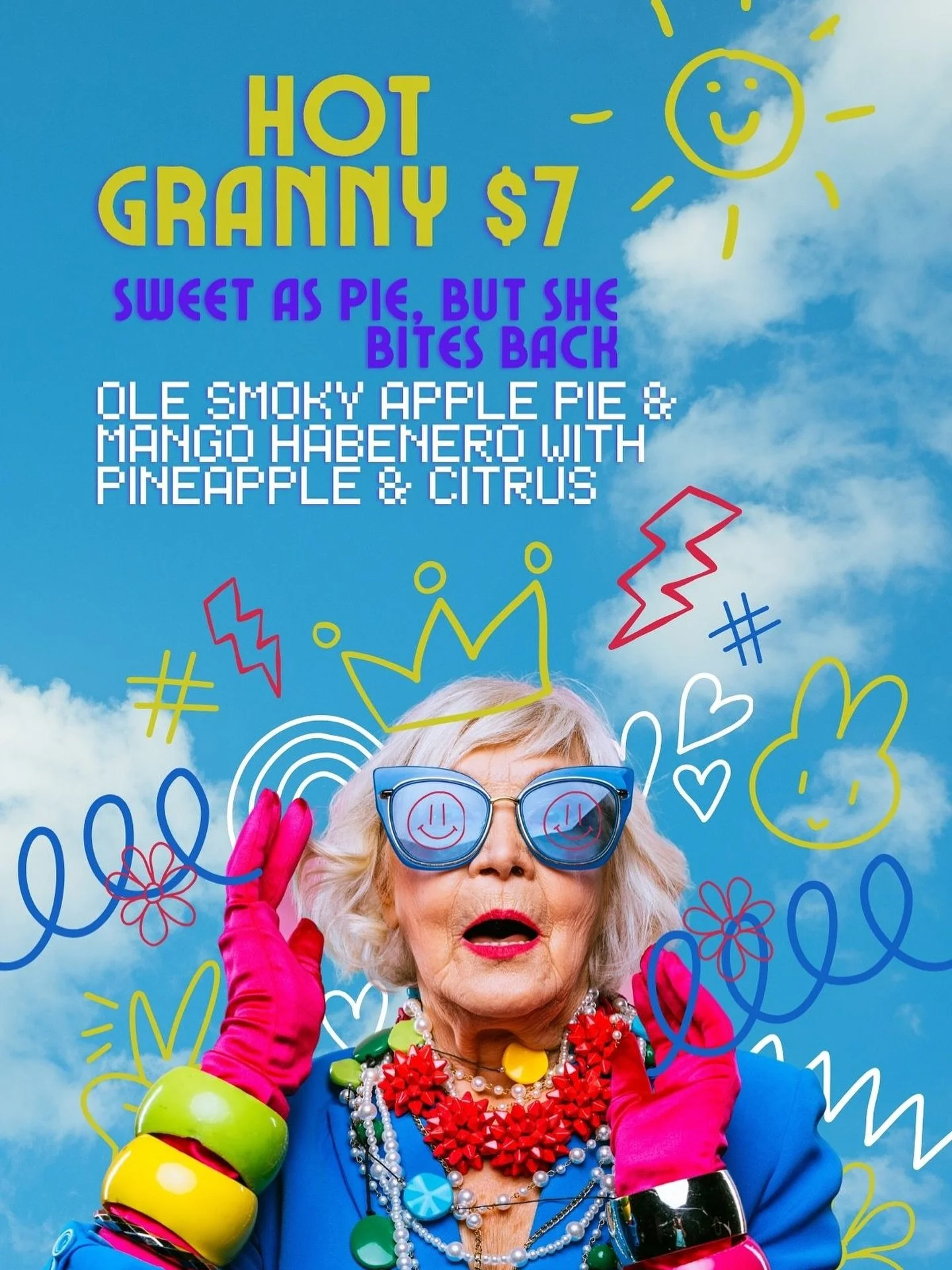 Come get a taste of this Hot Granny this afternoon at Crush. 

Sweet as pie, but she bites back.
Flavor Note: Ole Smoky Apple Pie &amp; Mango Habanero Moonshines shaken with pineapple and a touch of citrus. Tropical heat with Southern charm. Grab Gra
