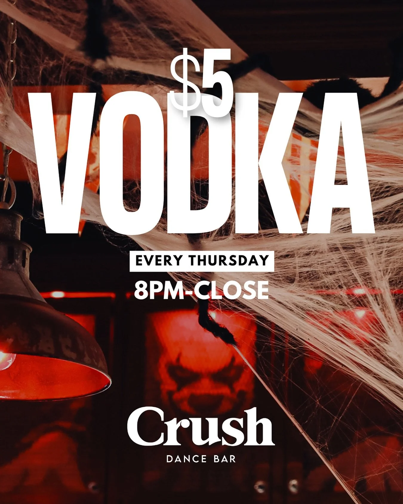 🕸️ Get tangled up in trouble (and savings) 🕸️
$5 Vodka. Every Thursday. 8PM&ndash;Close.

#CrushDC #VodkaNight #ThirstyThursday #DrinkSpecials #LGBTQNightlife #HalloweenVibes