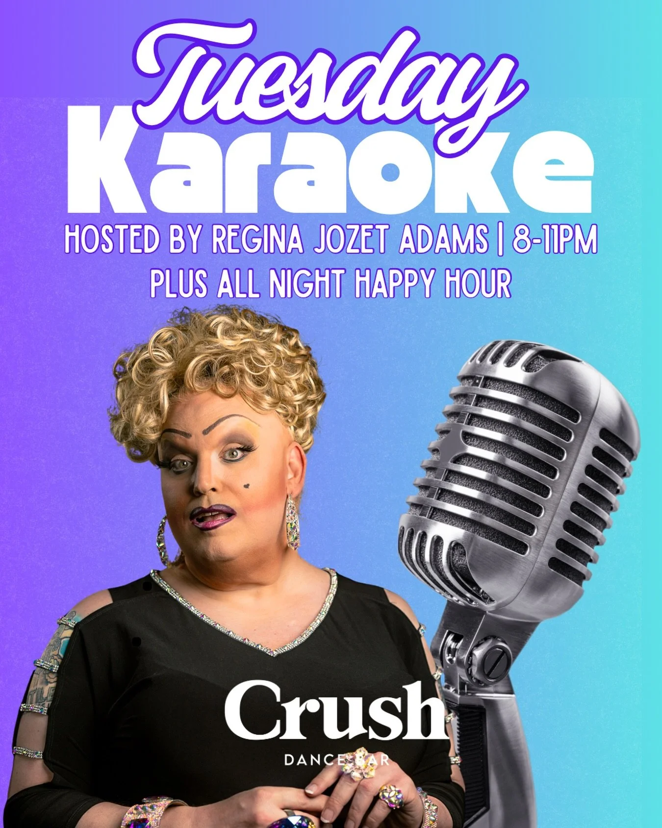 🎤 Tuesday Karaoke is calling, babes &mdash; and @rjadams0469 is ready to take you to church, the club, and back again.
8&ndash;11PM &bull; All Night Happy Hour 🍸💜

#CrushDC #KaraokeNight #ReginaJozetAdams #DCNightlife #LGBTQEvents #DCQueerScene
