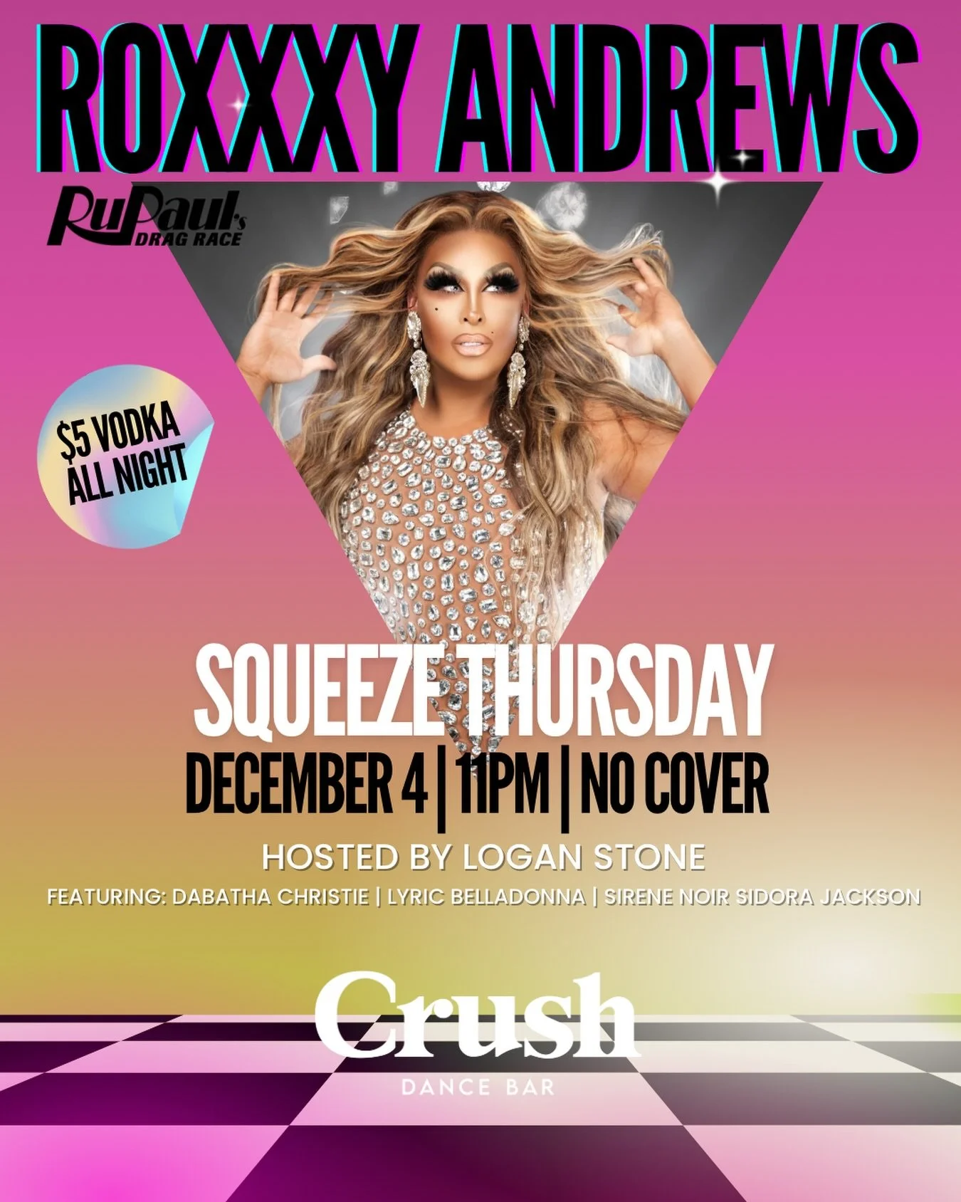 Serving sparkle and body &mdash; @roxxxyandrews takes over Squeeze Thursday! ✨Join us December 4 at 11PM. 

Hosted by @loganstoneofficial with a killer cast:
@dabathachristie, @sirene_noir_sidora_jackson, and @lyricbelladonna.

No cover. $5 vodka all