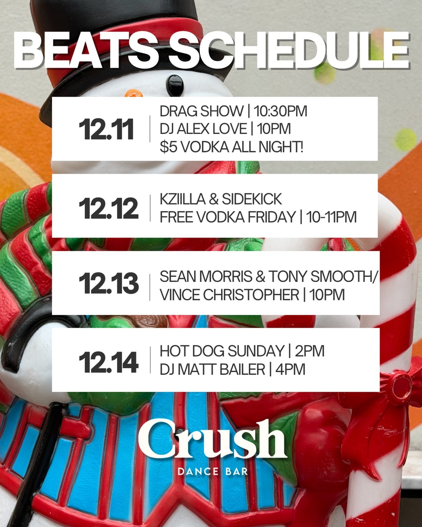 ⛄️ Beats Schedule ❄️

🎭 THURS 12.11 
&bull; Drag Show hosted by @im.venetian &mdash; 10:30PM
&bull; DJ @alexlovelegit &mdash; 10PM
&bull; $5 Vodka all night 👀

🍸 FRI 12.12 &mdash; Free Vodka Friday
&bull; @kziilla &amp; @djsidekick 
&bull; Free vo