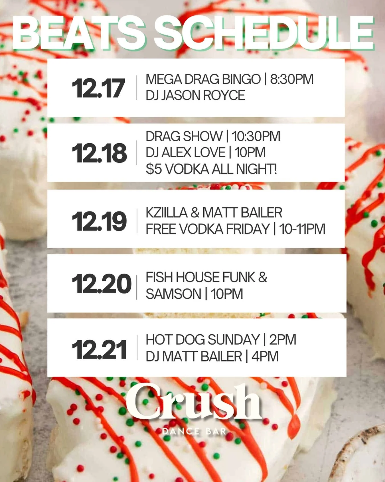🎶 BEATS SCHEDULE AT CRUSH 🎶
Your week just got a whole lot louder 👀🔥

WEDS 12.17
🎤 Mega Drag Bingo with @empresslena and @the_lady_tula &mdash; 8:30PM
🎧 DJ @jasonaroyce 

THURS 12.18
💃 Drag Show with @im.venetian &mdash; 10:30PM
🎧 DJ @alexlov