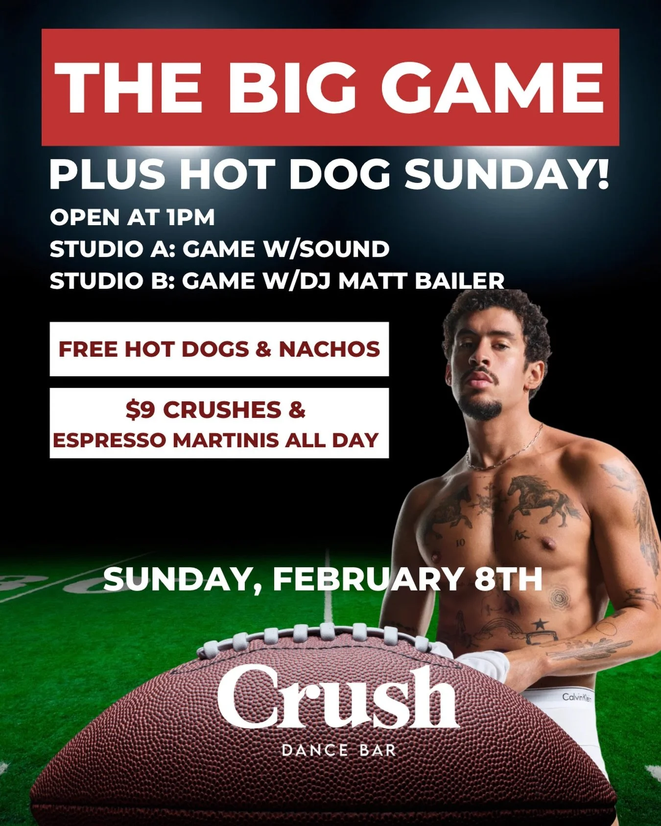 🏈 + 🌭 + $9 🍸 + 🎧 + 😈 🐰 = Sunday at Crush

#superbowlsunday🏈 #badbunny #hotdogsunday