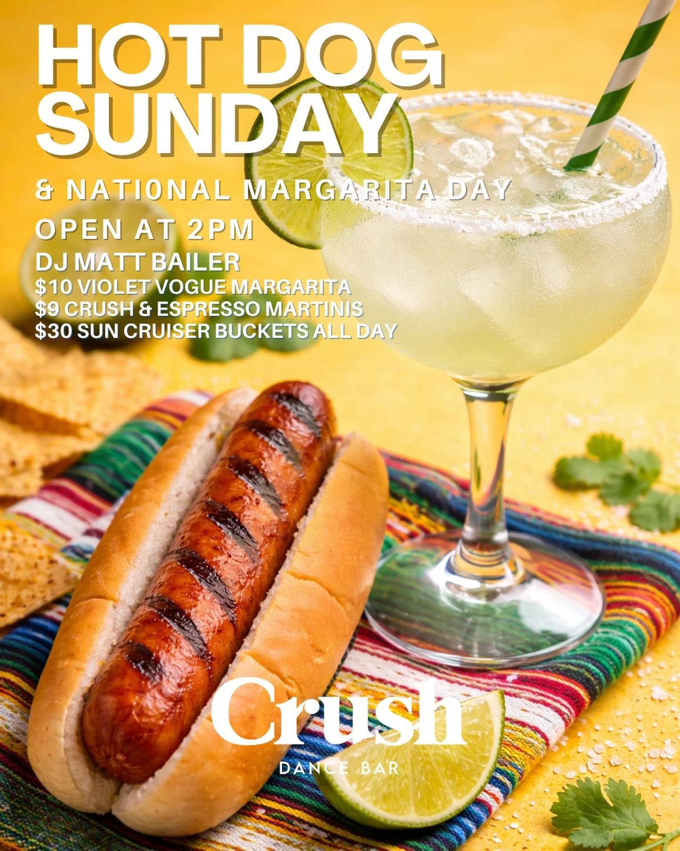 Hot dogs. Margaritas. Matt Bailer.
Say less. 🌭🍸🔥

Open 2PM.
National Margarita Day! 

#HotDogSunday #CrushDC