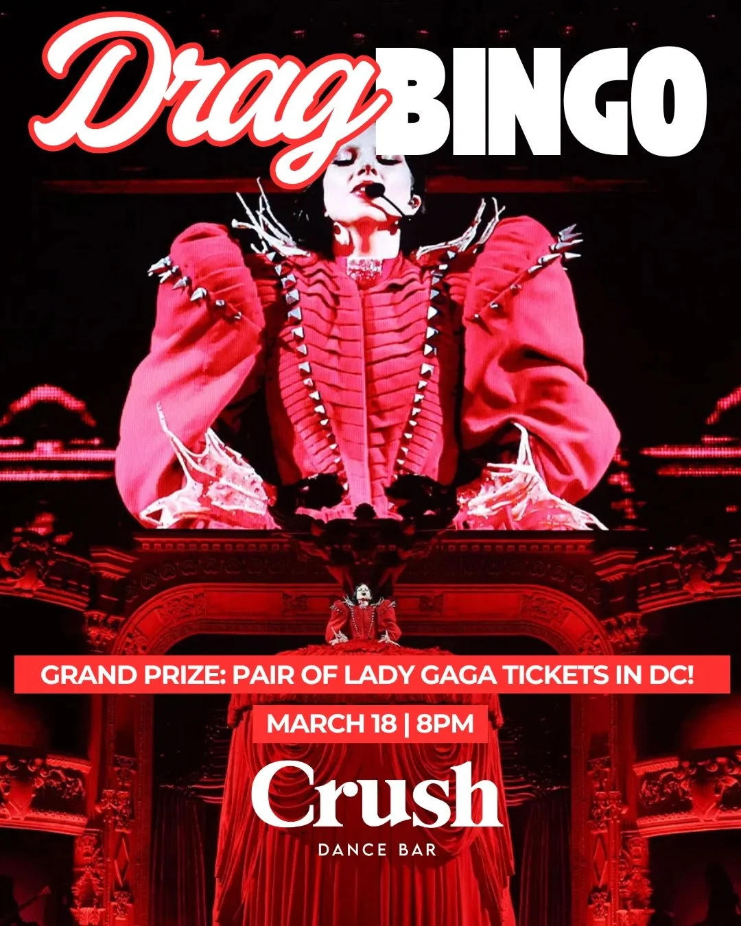🚨 GRAND PRIZE ALERT 🚨
🎟️ Lady Gaga tickets in DC

All you have to do? Show up &amp; play.
🕗 Wednesday at 8PM &ndash; Crush

#DragBingo #LadyGaga #DCEvents #CrushDC #NightlifeDC
