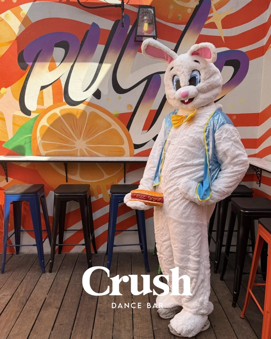 The Easter bunny is serving hot dogs today! Open at 2PM. $9 crushes and espresso martinis all day! 🐰 🌭