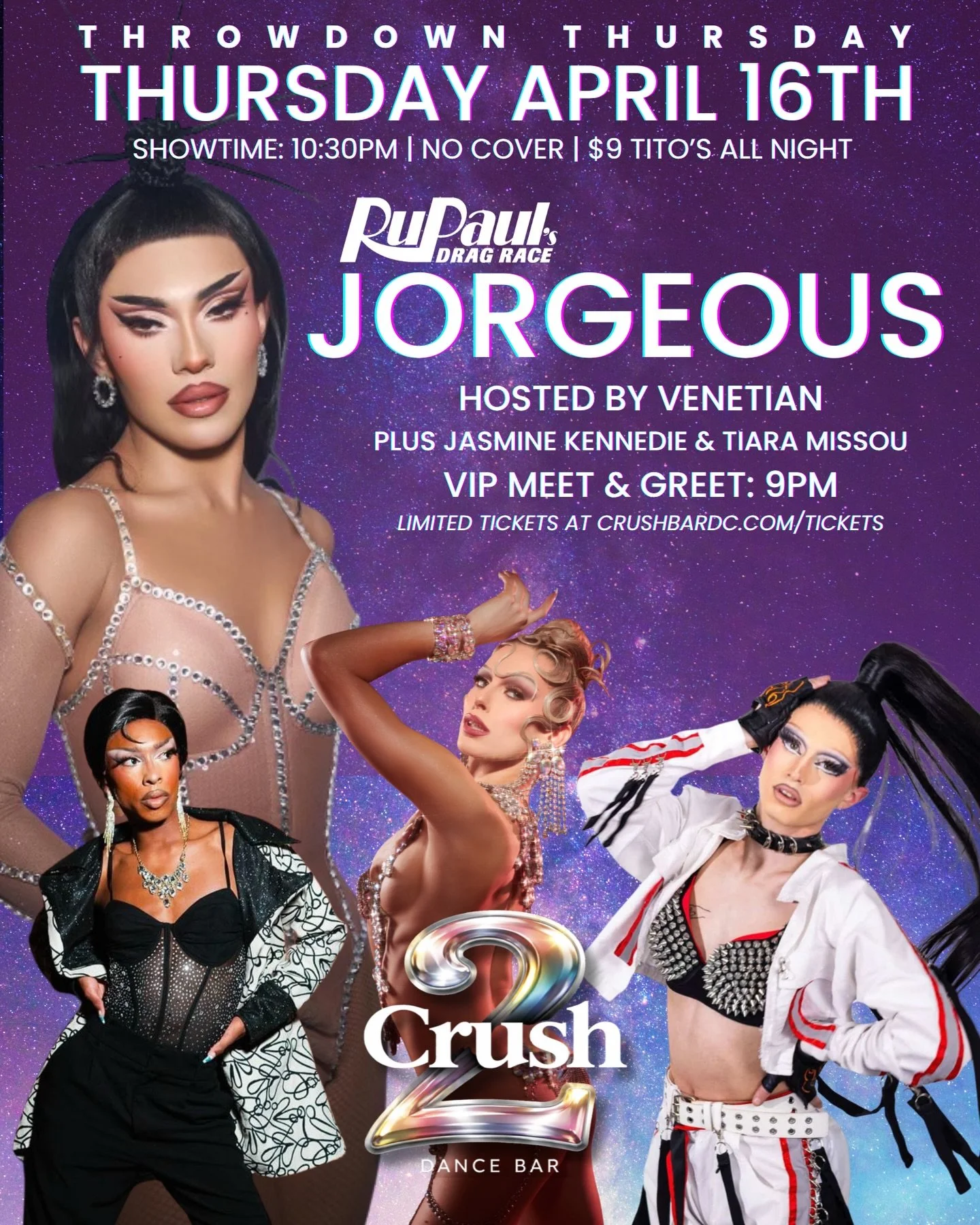 2 YEARS OF CRUSH 💜✨

Celebrate with us featuring @jorgeous_1 💋

🎉 THURSDAY, APRIL 16
🎟 VIP Meet &amp; Greet: 9PM: Limited tickets link in bio
💃 Showtime: 10:30PM | NO COVER
🍸 $9 Tito&rsquo;s ALL NIGHT

Hosted by @im.venetian with @jasminekenned