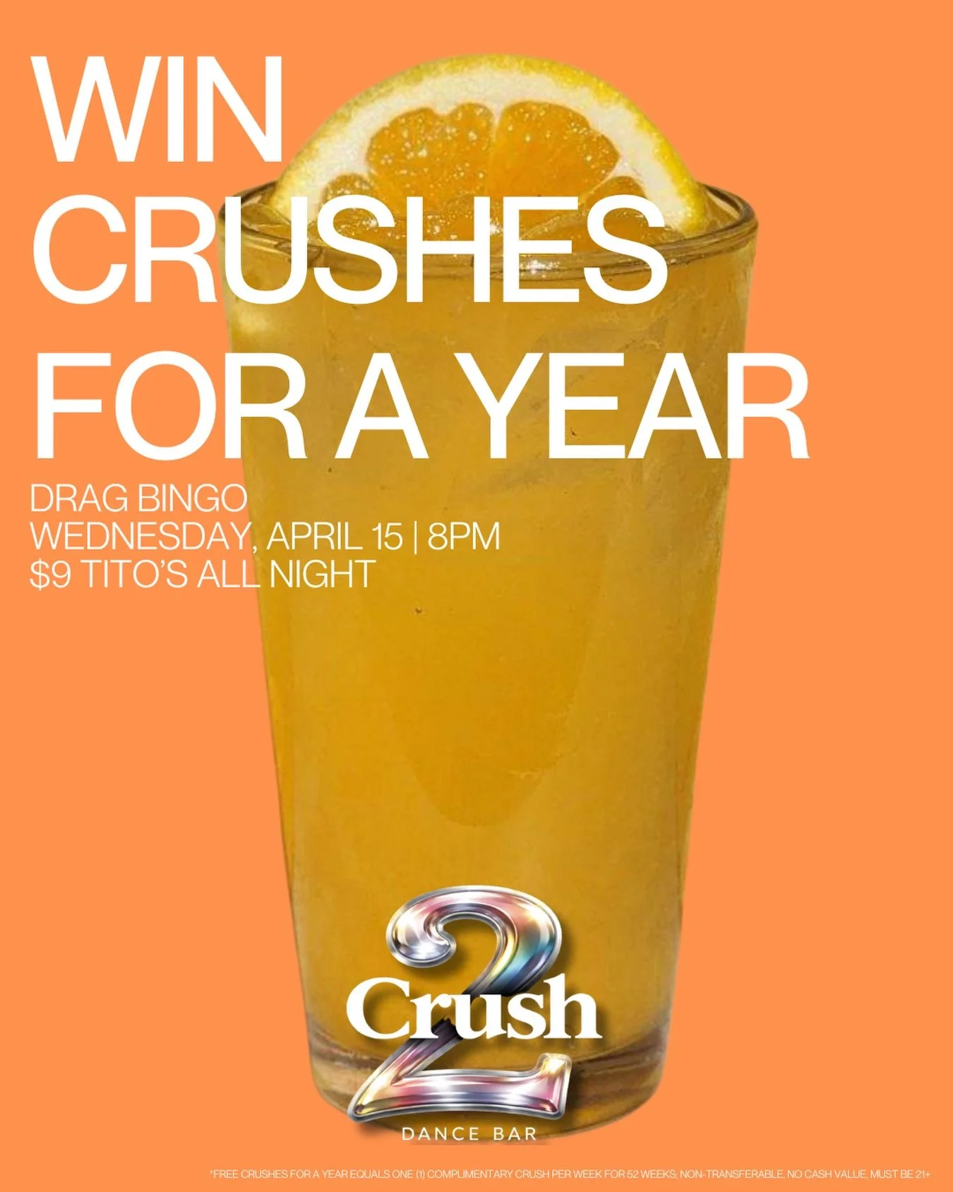 🍊 WIN CRUSHES FOR A YEAR
DRAG BINGO just got a whole lot juicier 🍹

Drag Bingo with Lena Lett &amp; Tula
📅 Wednesday, April 15
⏰ 8PM

#CrushDC #DragBingo #DCNightlife #WinBig #14thStreet