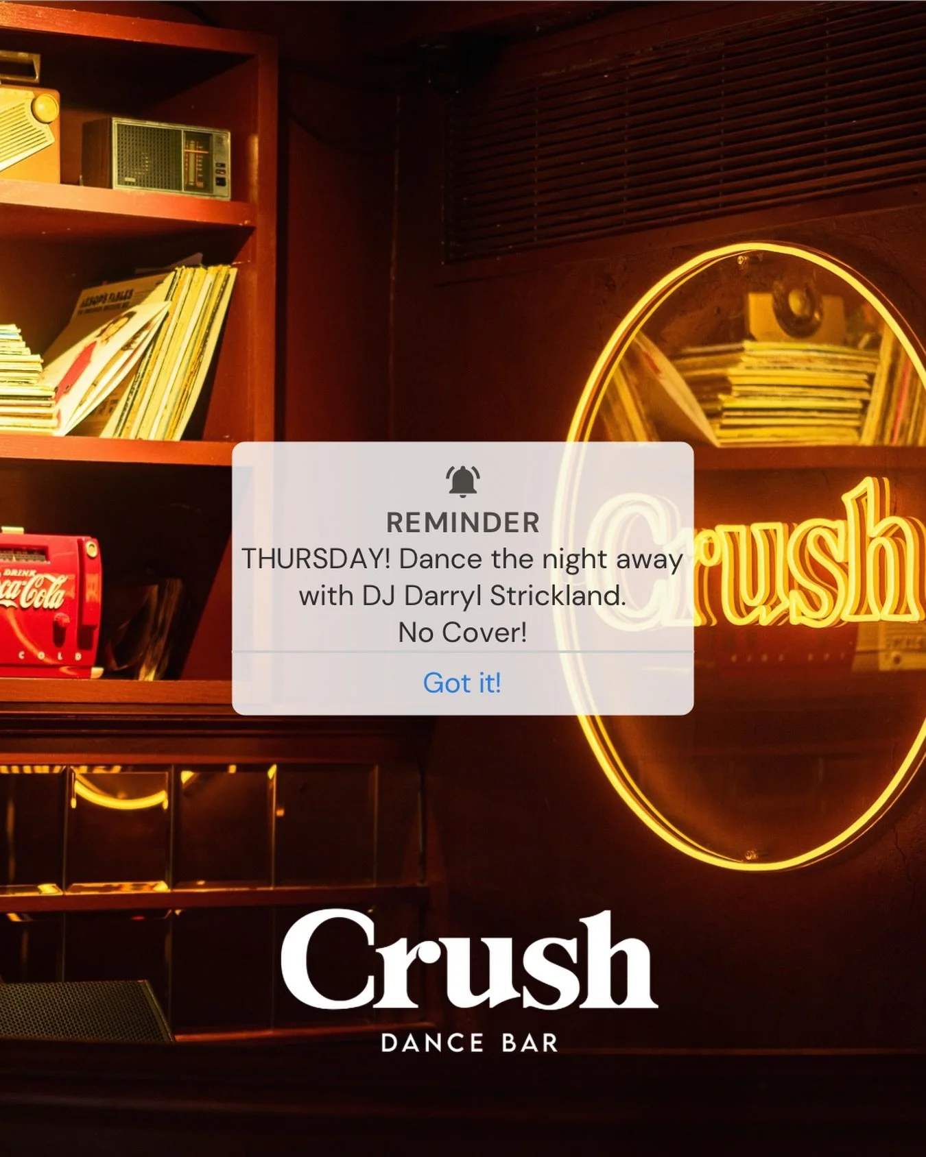 🚨 REMINDER 🚨

Thursday nights are for dancing.

🎧 DJ Darryl Strickland
✨ No Cover
🪩 $5 well vodka 9-11 (Studio A Only) &amp; $9 Tito&rsquo;s All Night

See you at Crush. 🍸🌈 #CrushDC #NoCover #ThursdayNightDanceParty