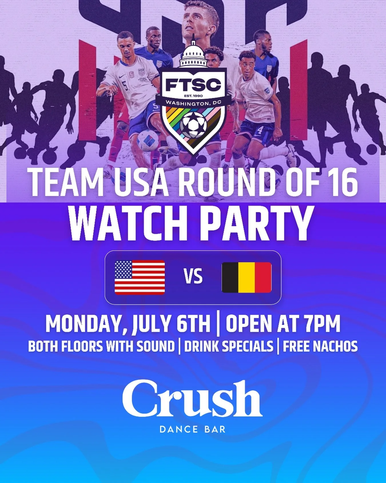 🇺🇸⚽️ IT&rsquo;S WIN OR GO HOME TONIGHT⚽️🇺🇸

🍻 Drink specials all night
🧀 FREE nachos while they last
📺 Both floors with sound
🚪 Doors open at 7 PM

🇺🇸🔥 #USAvBelgium #worldcup
