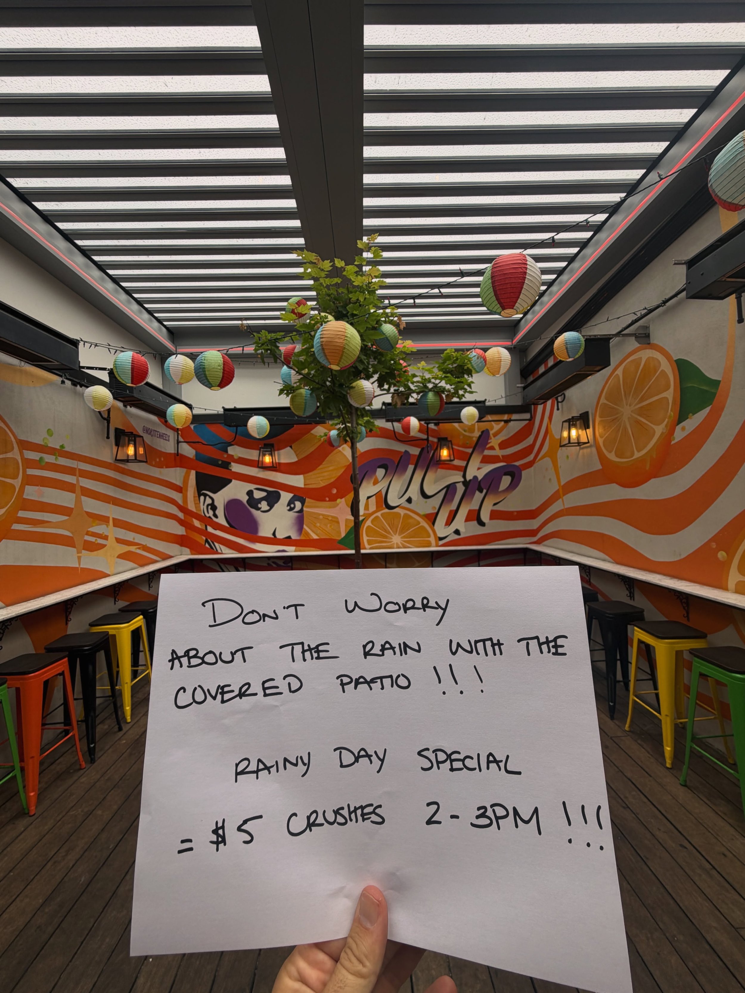 Who doesn&rsquo;t like a rainy day special? 

$5 crushes from 2-3PM!