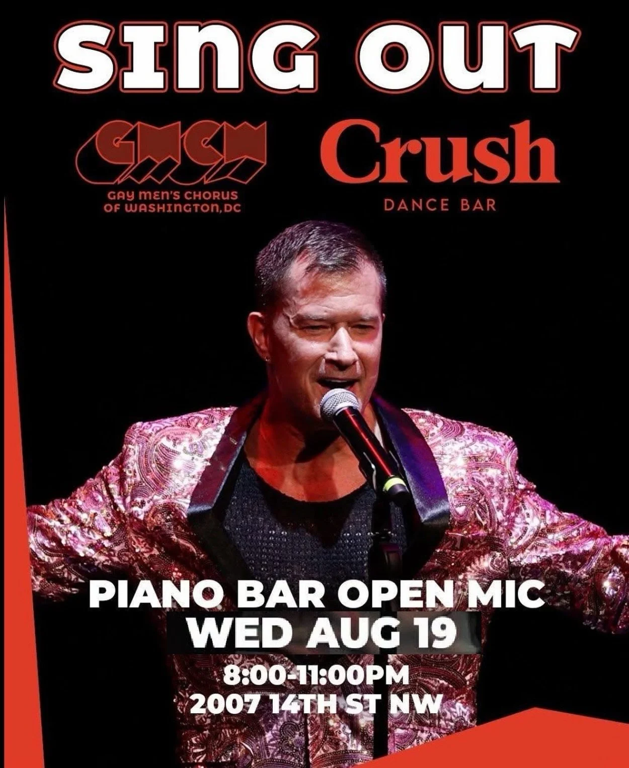 🎹 SING OUT! 🎤

This Wednesday, Gay Men&rsquo;s Chorus of Washington, DC takes over for Piano Bar Open Mic!

📅 Wednesday, Aug. 19
⏰ 8&ndash;11 PM
📍 Crush Dance Bar | 2007 14th St NW