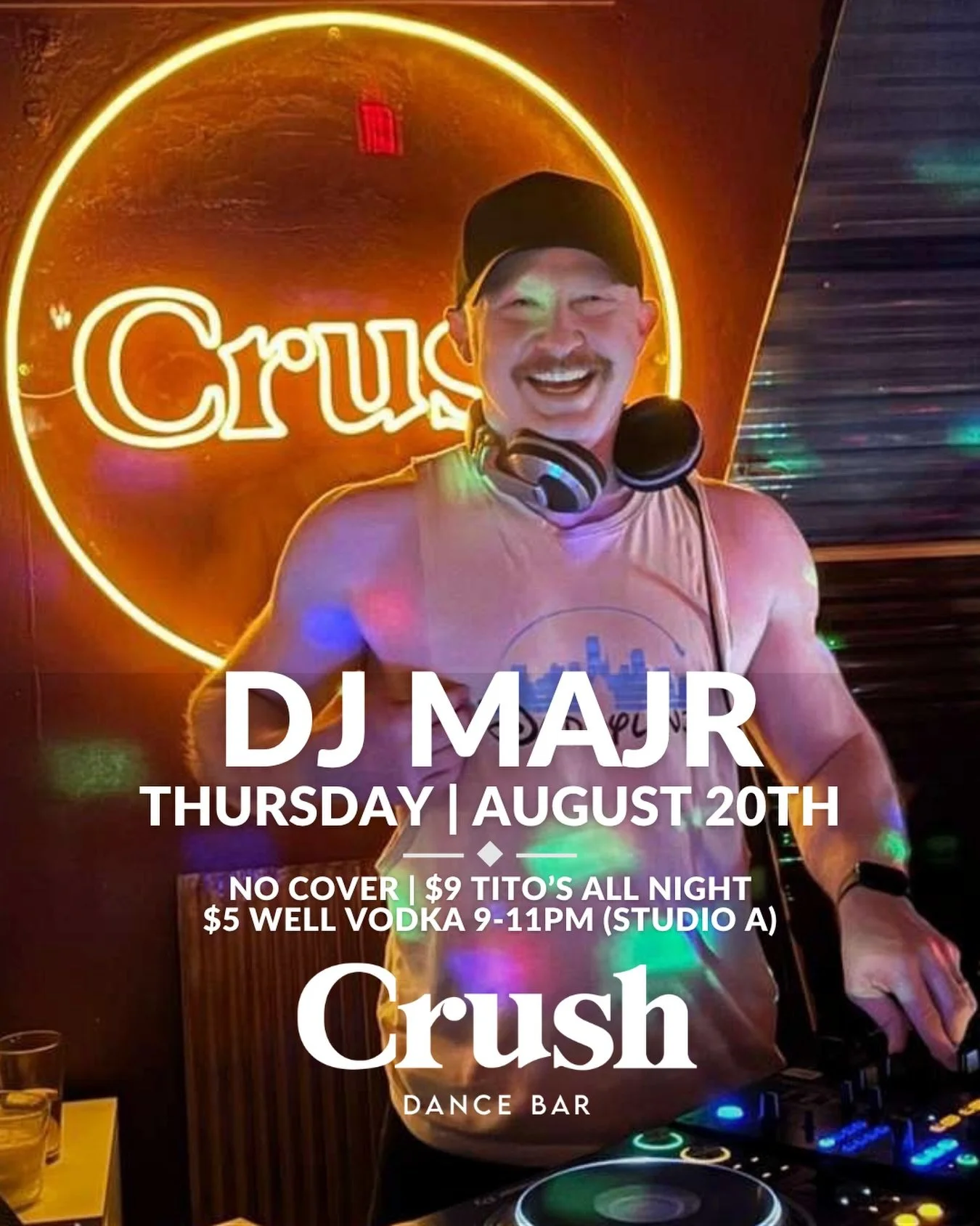 🪩 DJ MAJR takes over Thursday night!🔥

🎧 Thursday, August 20
🍸 $9 Tito&rsquo;s ALL NIGHT
🍹 $5 well vodka 9&ndash;11PM in Studio A
🚪 NO COVER