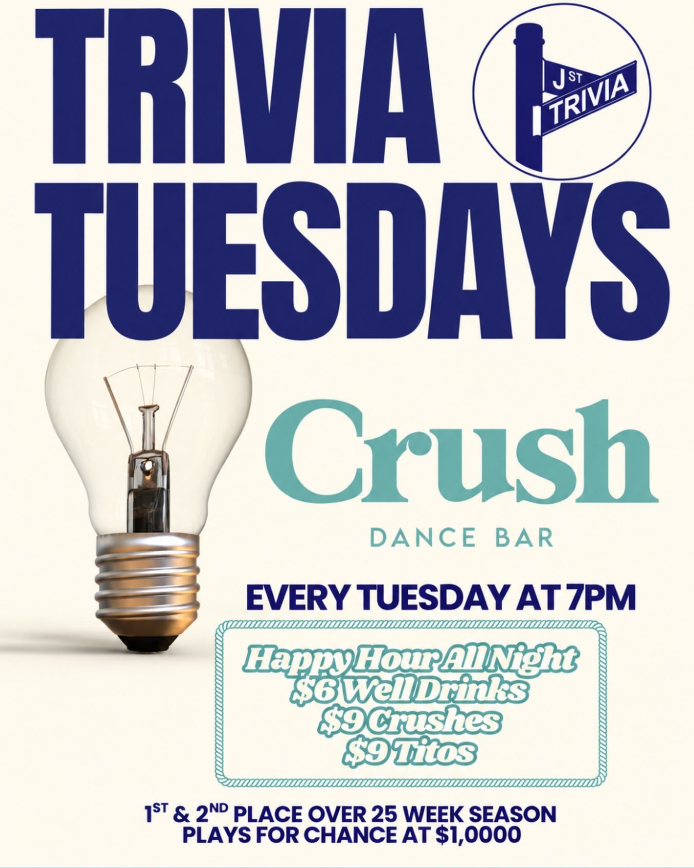 🧠 TUESDAYS JUST GOT TRIVIAL. 🍸

We&rsquo;re kicking off J Street Trivia at Crush TUESDAY SEPTEMBER 15th! Think you and your friends know your stuff? Come prove it. 

💡 Trivia starts at 7PM
🍹 Happy Hour ALL NIGHT
🥃 $6 Well Drinks
🍊 $9 Crushes
🍸