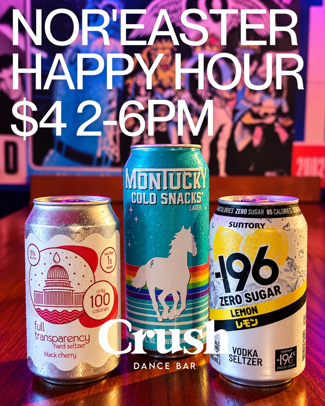 Nor&rsquo;easter = cheap drinks. 🌧️🍹

We&rsquo;re making the most of this weather with a RAINY DAY SPECIAL ☔️

$4 select cans from 2-6PM TODAY!

#CrushDC #RainyDaySpecial #DCGayBars #DCNightlife #UStreetDC