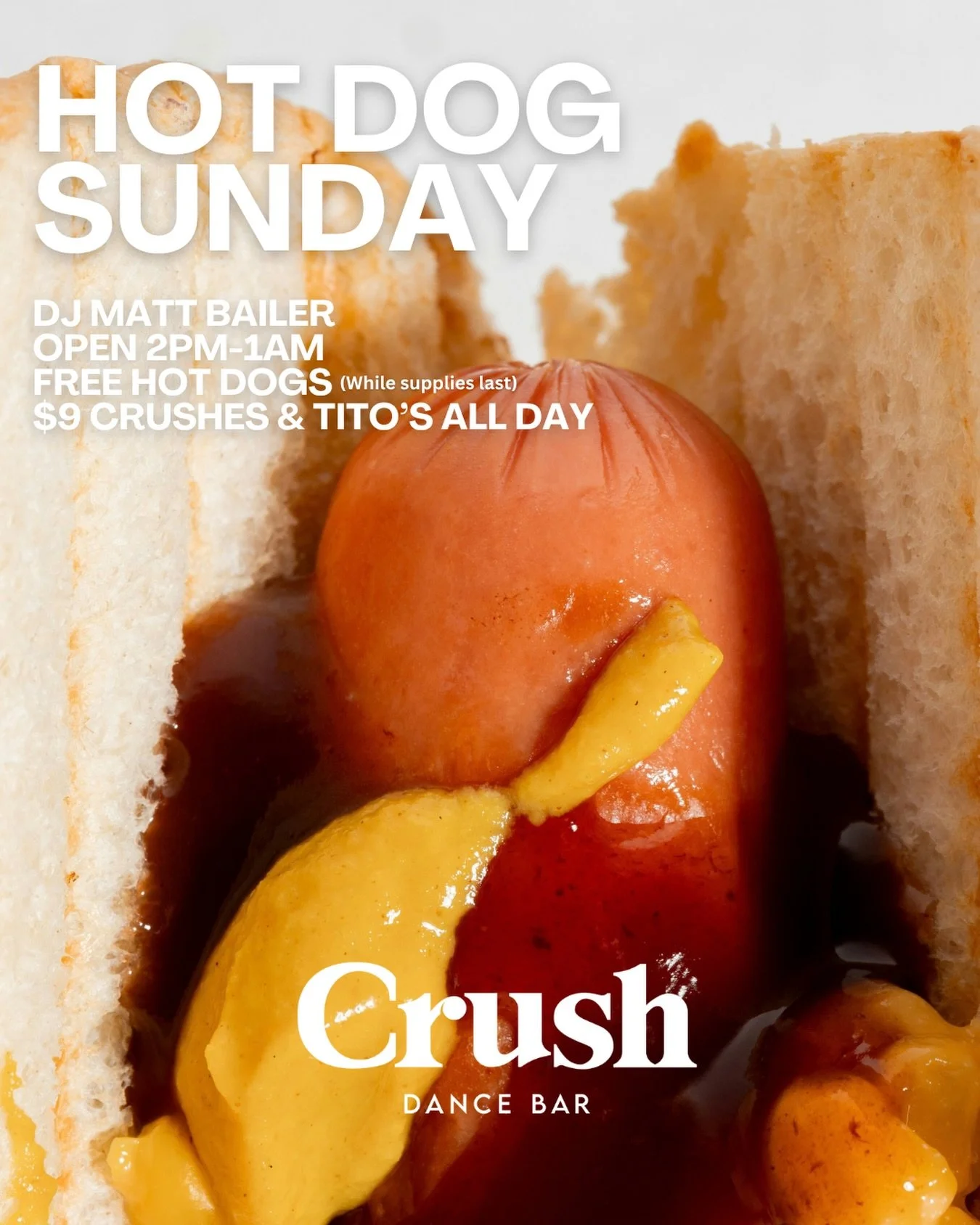 🌭 HOT DOG SUNDAY IS THE BEST SUNDAY🌭

🌭 FREE hot dogs while supplies last
🍹 $9 Crushes &amp; Tito&rsquo;s ALL DAY
🎧 DJ Matt Bailer | 4PM
⏰ Open 2PM-1AM

#HotDogSunday #CrushDC #DCNightlife #DCGayBars