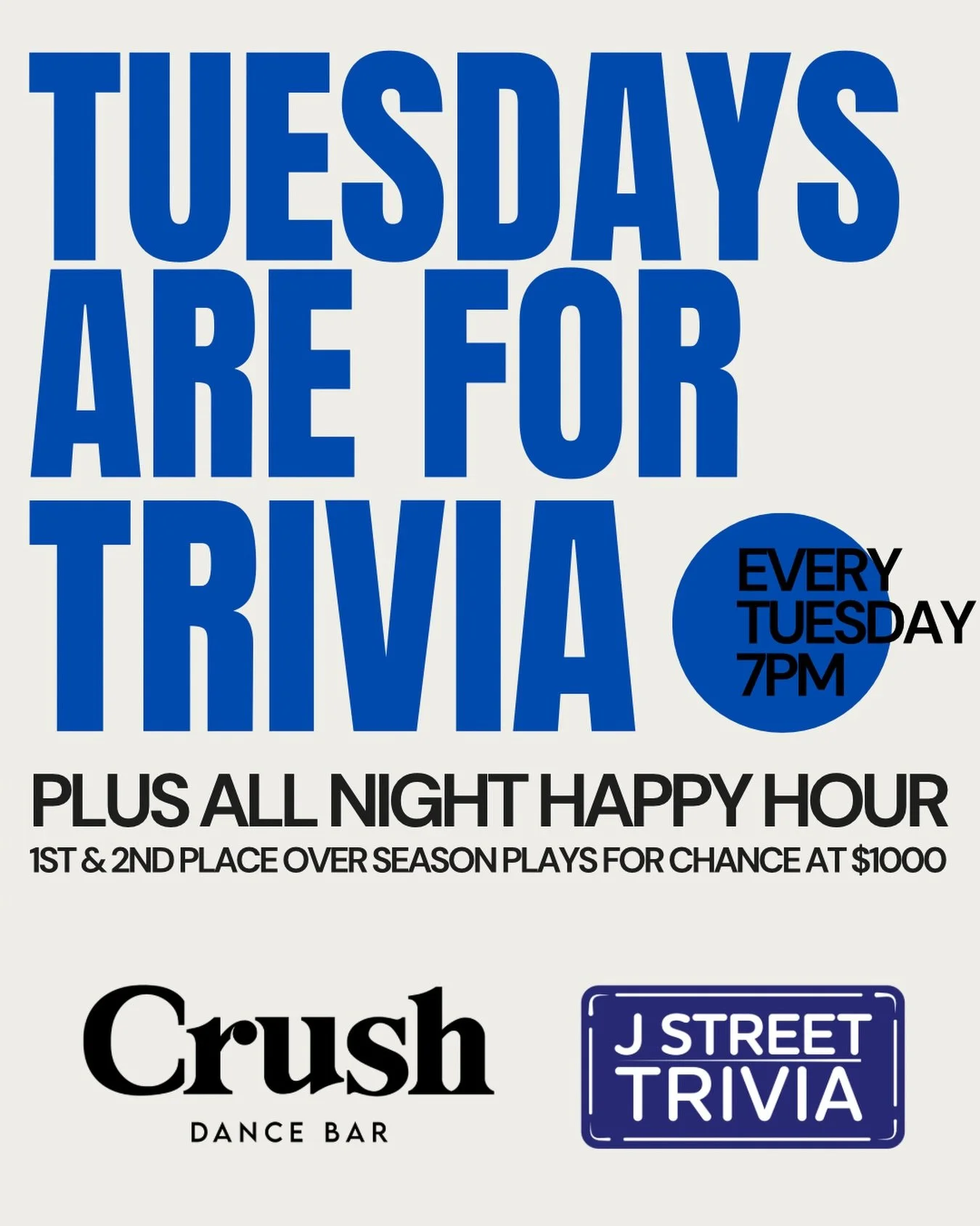🧠 TUESDAYS ARE FOR TRIVIA! 🍹

🏆 Trivia starts at 7 PM
🍸 ALL NIGHT HAPPY HOUR!
📍 2007 14th St NW

#CrushDC #TriviaTuesday #DCTrivia #AllNightHappyHour