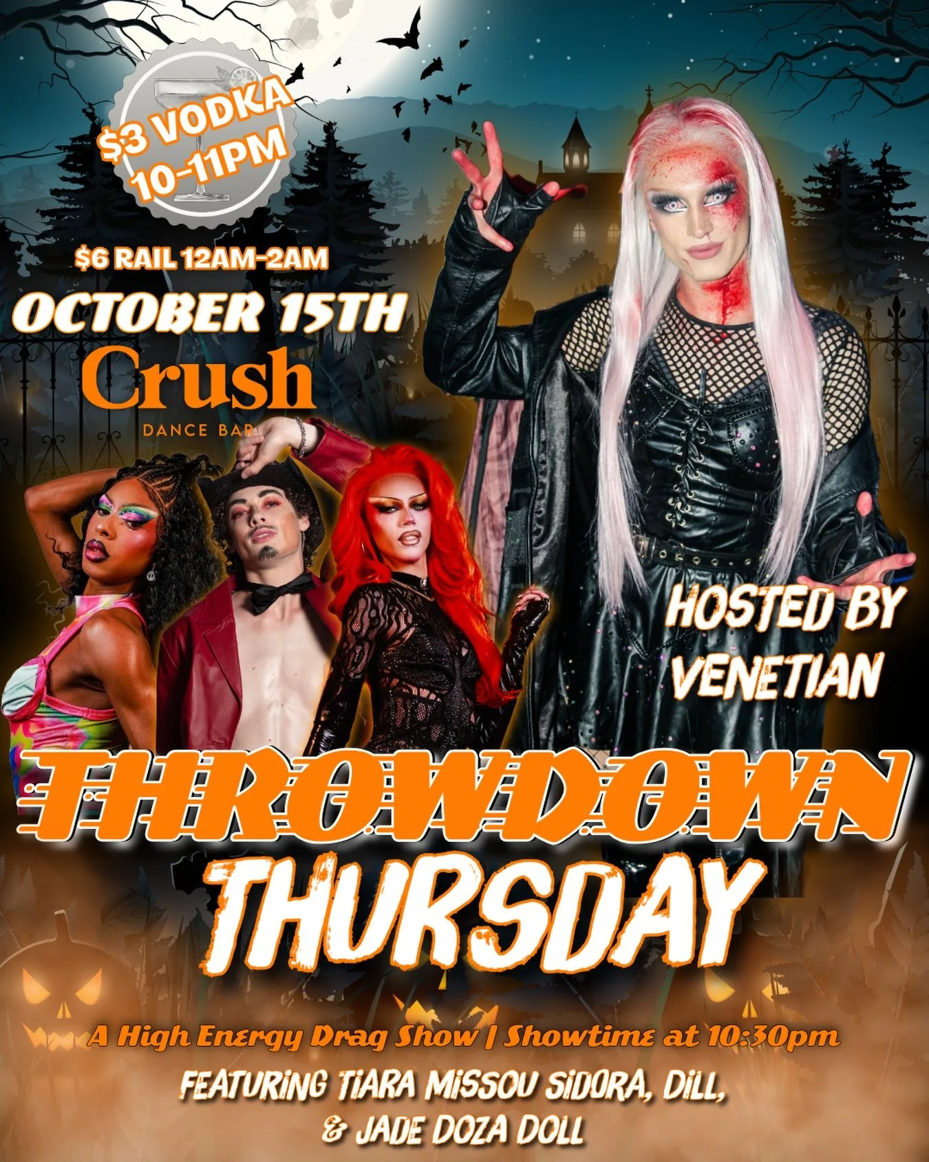 🎃🔥 THROWDOWN THURSDAY! 🔥🎃

💃 Venetian, Tiara Missou Sidora, Dill &amp; Jade Doza Doll
🎤 Showtime 10:30 PM
🍸 $3 Vodka | 10&ndash;11 PM
🥃 $6 Rail | 12&ndash;2 AM

#CrushDC #DCDrag #ThrowdownThursday #DCNightlife #GayDC