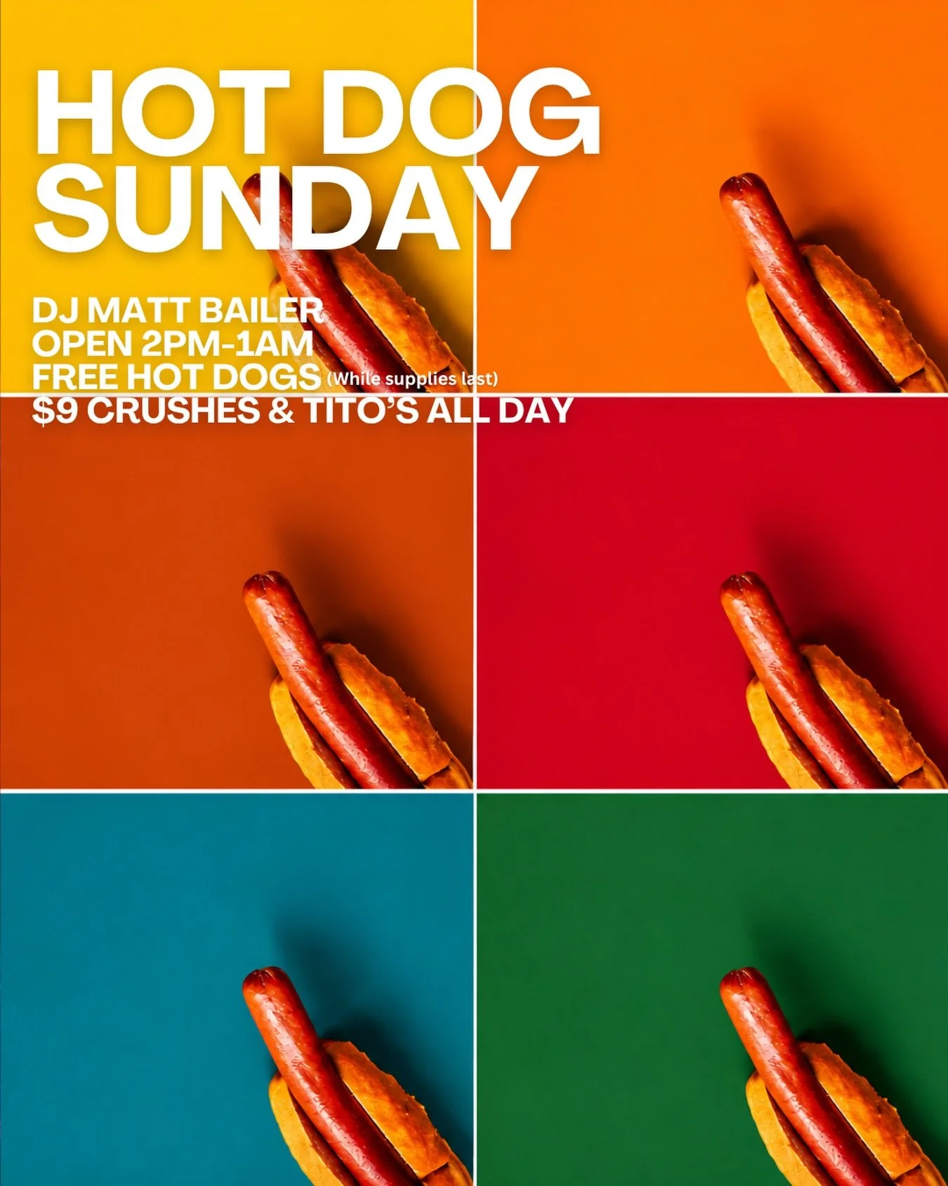 🌭 HOT DOG SUNDAY! 🌈

🍹 $9 Crushes &amp; Tito&rsquo;s ALL DAY
🌭 Free Hot Dogs (while supplies last)
🎧 DJ Matt Bailer
⏰ Open 2PM&ndash;1AM

#HotDogSunday #CrushBarDC #SundayFunday #DCGayBars #GayDC