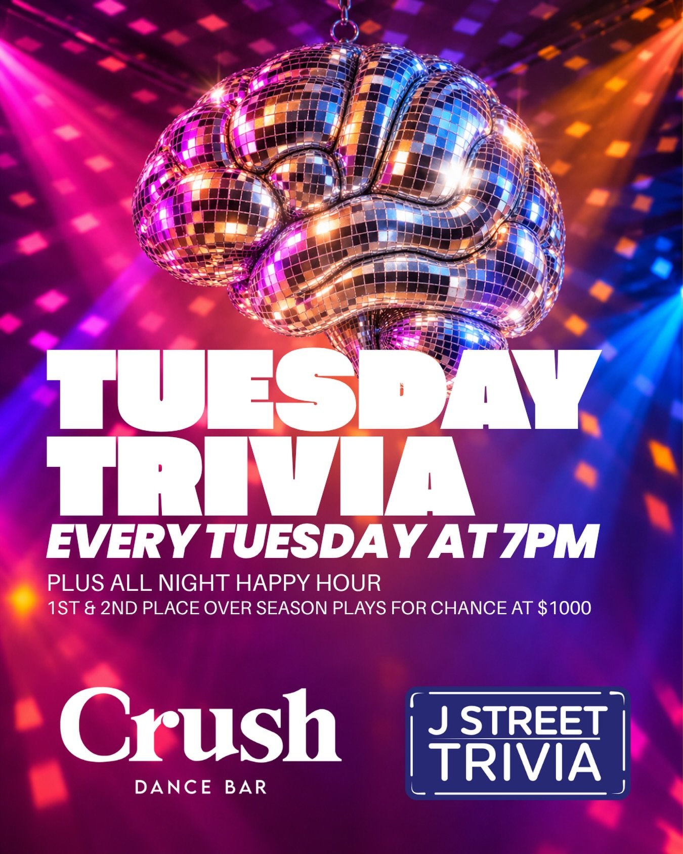 🧠🪩 TUESDAY TRIVIA at 7PM! 🍻

🍹 ALL NIGHT HAPPY HOUR
🏆 Compete all season for a shot at $1,000!

#CrushDC #TuesdayTrivia #DCNightlife #DCGayBars #HappyHourDC