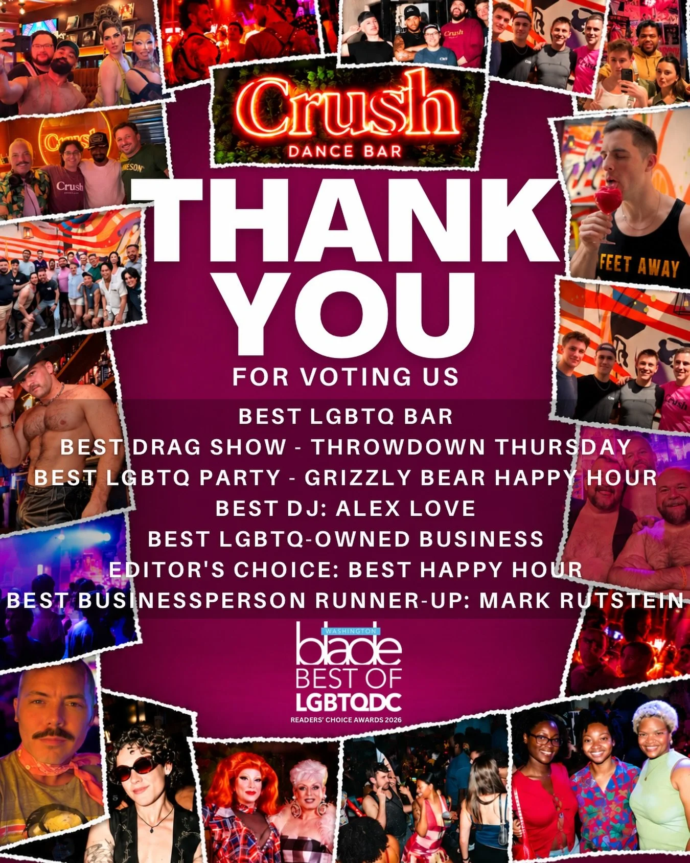 THANK YOU!❤️🏆🌈

We&rsquo;re feeling the love! Thank you for voting for Crush in the Washington Blade&rsquo;s Best of LGBTQ DC 2026 Awards!

🏆 Best LGBTQ Bar

🏆 Best Drag Show &ndash; Throwdown Thursday

🏆 Best LGBTQ Party &ndash; Grizzly Bear Ha