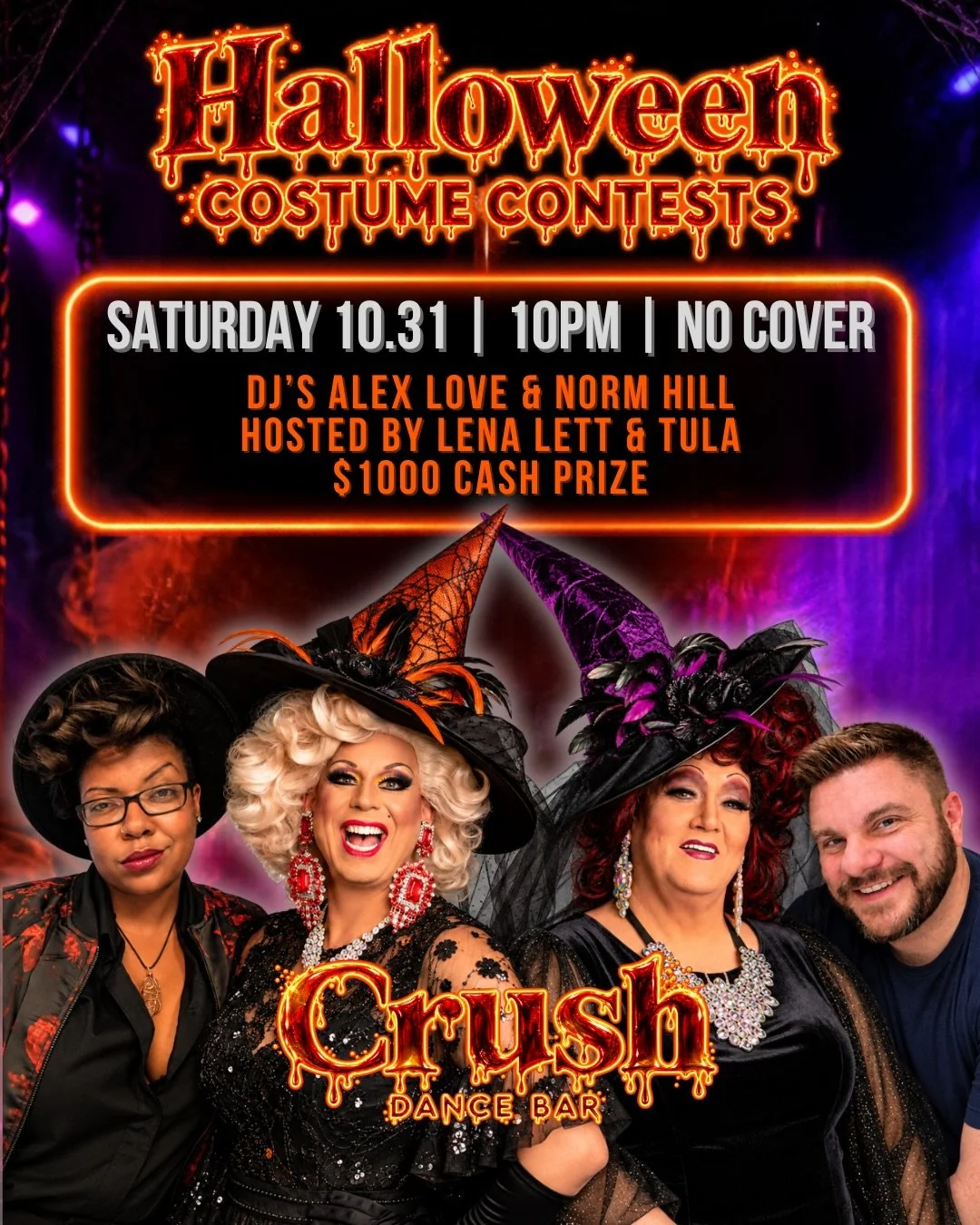 🎃 COSTUME CONTEST #2 OF 3! 👻🔥

Halloween night is getting BIGGER with a $1,000 CASH PRIZE! 💰🏆

🎧 DJs Alex Love &amp; Norm Hill
👑 Hosted by Lena Lett &amp; Tula
🕙 Saturday, 10/31 | Contest at 10PM
💸 NO COVER!

#CrushDC #Halloween2026 #Costume