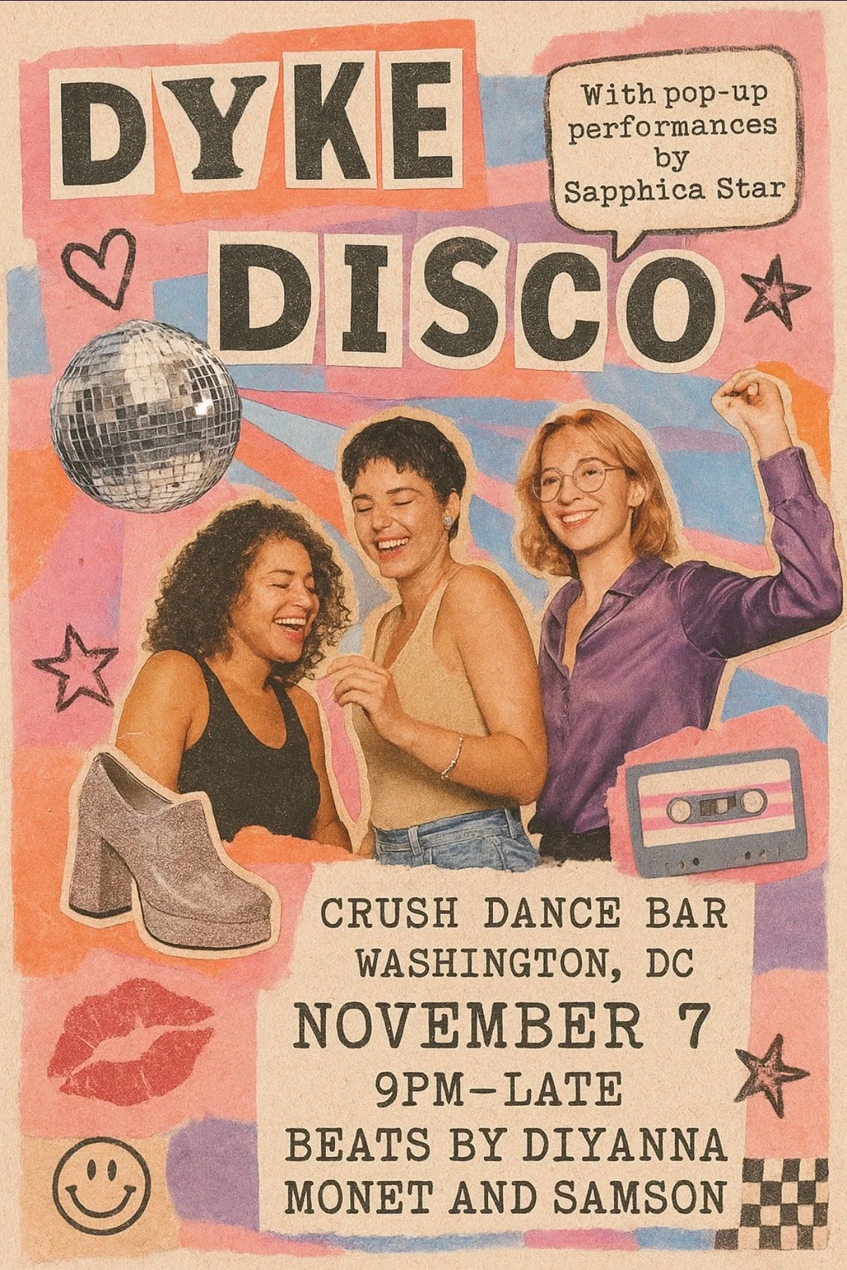 Person dressed in a black, sequined outfit with a large belt, holding a shiny clutch purse, wearing dramatic makeup and a mask with spikes, standing in front of a backdrop with the 'Crush Dance Bar' logo, illuminated by red and blue neon lights.