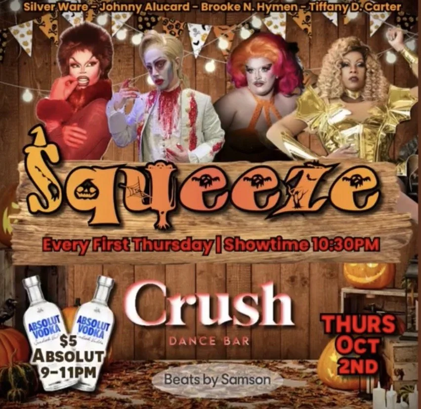 Promotional poster for a Halloween-themed dance bar event called 'Spice'. Features four women in costumes with festive decorations, lights, and pumpkins. Event every first Thursday at 10:30 PM, with an $5 Absolut vodka deal from 9 to 11 PM, happening on October 2nd.