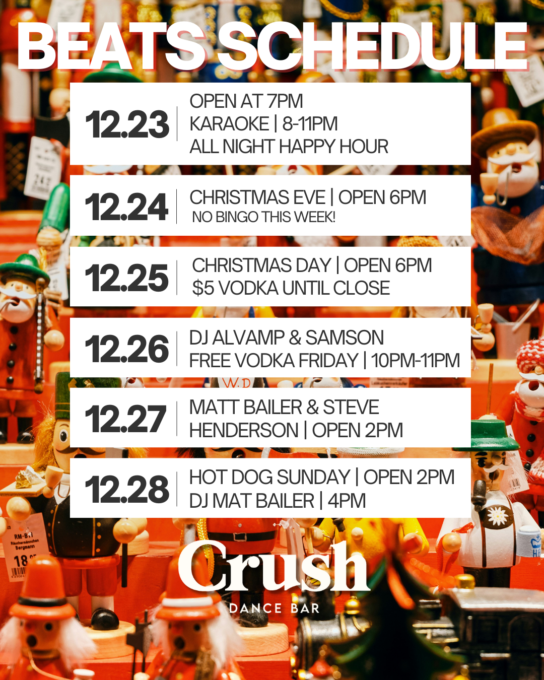 Weekly event schedule for Crush Dance Bar with dates from December 23 to December 28, 2023, featuring activities like karaoke, holiday celebrations, DJ performances, and special drink offers, set against a background decorated with Christmas-themed figurines and ornaments.