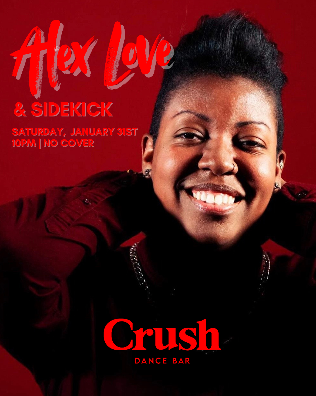 A wooden shelf filled with vinyl records and vintage radios, with a glowing neon sign that says 'Crush' on a dark wall.