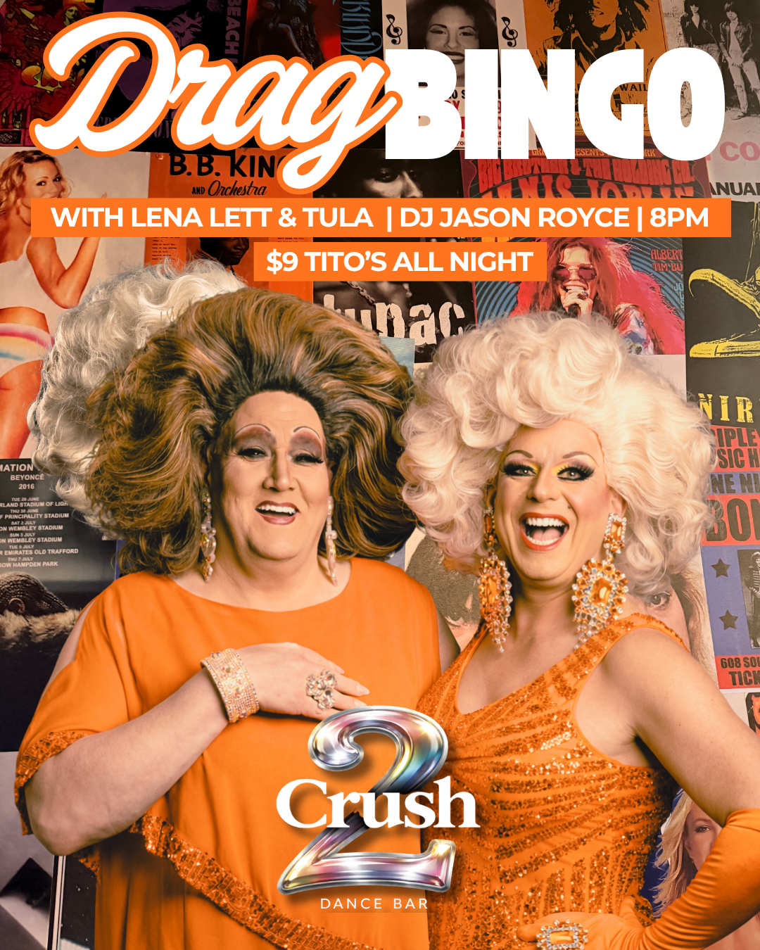 Poster advertising Drag Bingo hosted by Lena Lett and Tula every Wednesday at 8 PM at Crush Dance Bar, featuring two women dressed in glamorous red outfits with dramatic wigs, makeup, and jewelry, standing against a blue background.