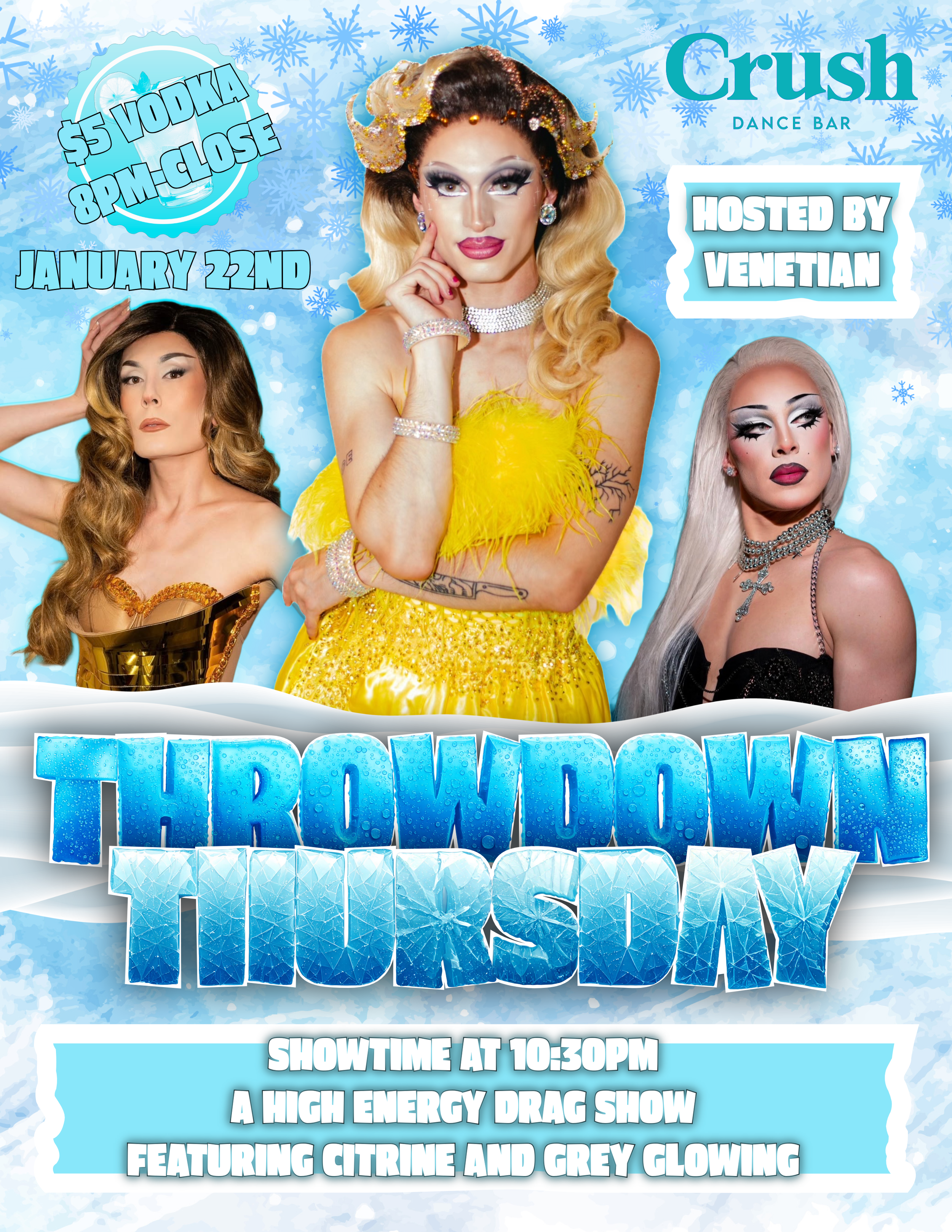 Poster for Thrawnown Thursday event at Crush Dance Bar on October 9th, hosted by Venetian. Features performances by Tatiana, Brooke N Hymen, and Sapphica Star with a high-energy drag show at 10:30 pm. $5 Absolut drinks from 9 to 11 pm, brought by Mistr. Highlights transgender women performers with drag visuals.