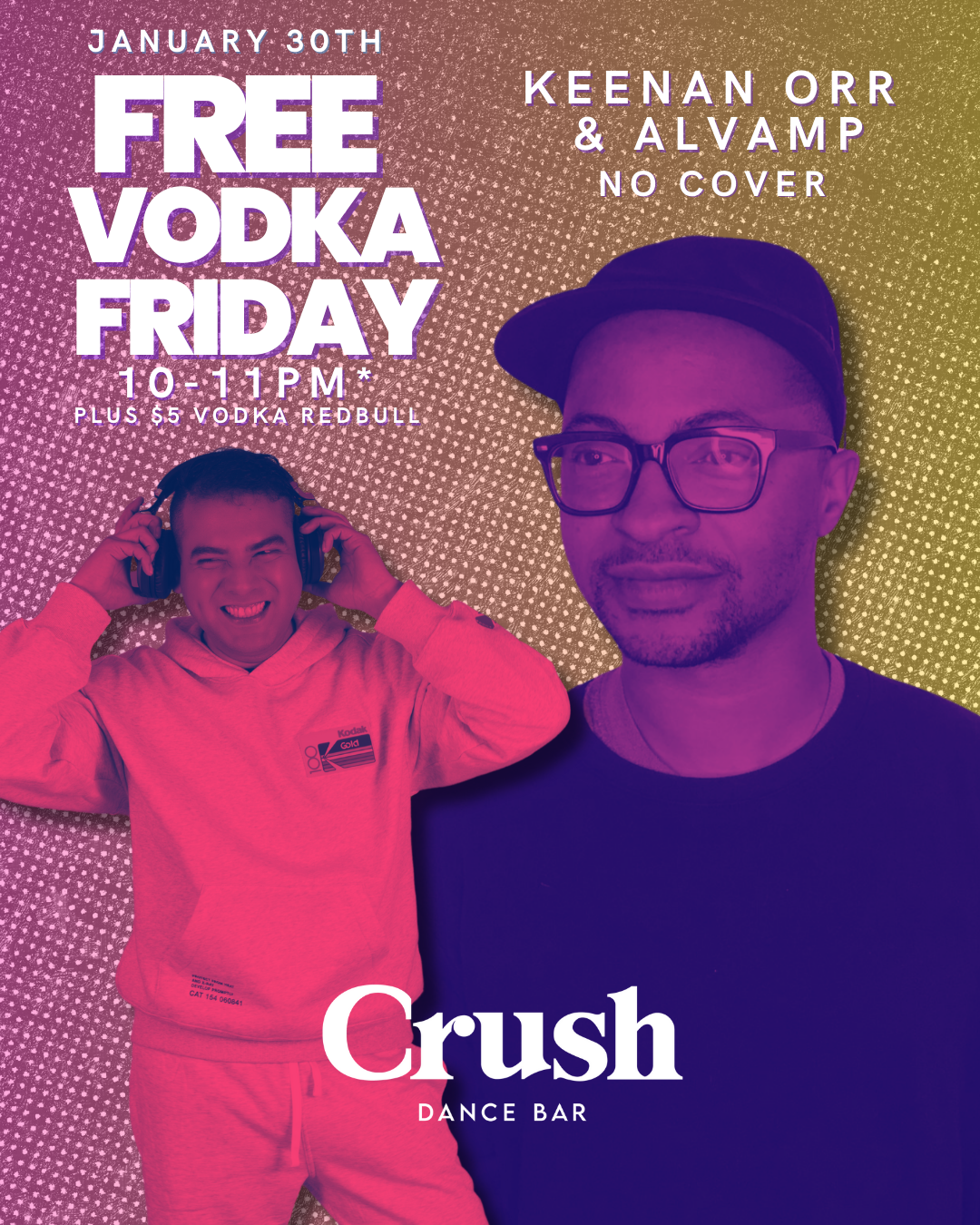 Person dressed in a black, sequined outfit with a large belt, holding a shiny clutch purse, wearing dramatic makeup and a mask with spikes, standing in front of a backdrop with the 'Crush Dance Bar' logo, illuminated by red and blue neon lights.