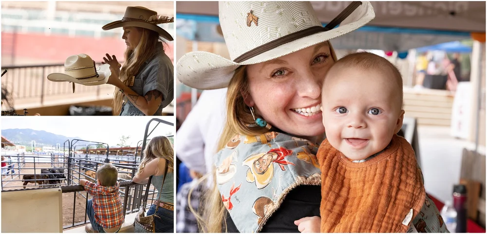 Mother holding smiling baby at The Pioneer Rodeo