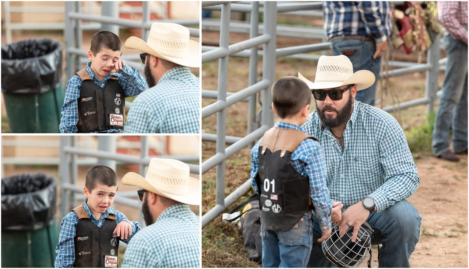 Young cowboy being encouraged by an adult at The Pioneer Rodeo