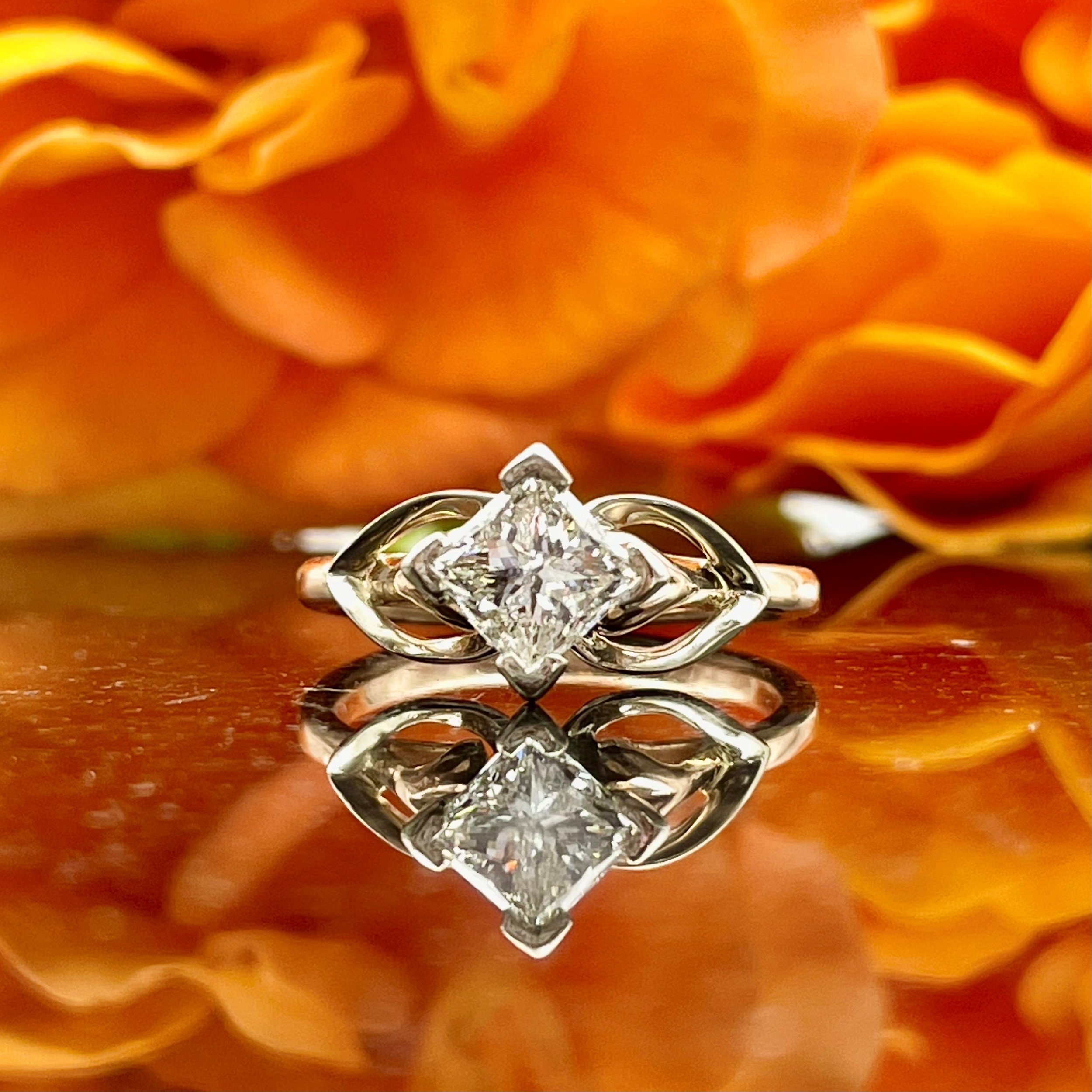 1.25CT Princess Diamond 14k Two Tone Rose And White Gold Floral Inspired Engagement Ring