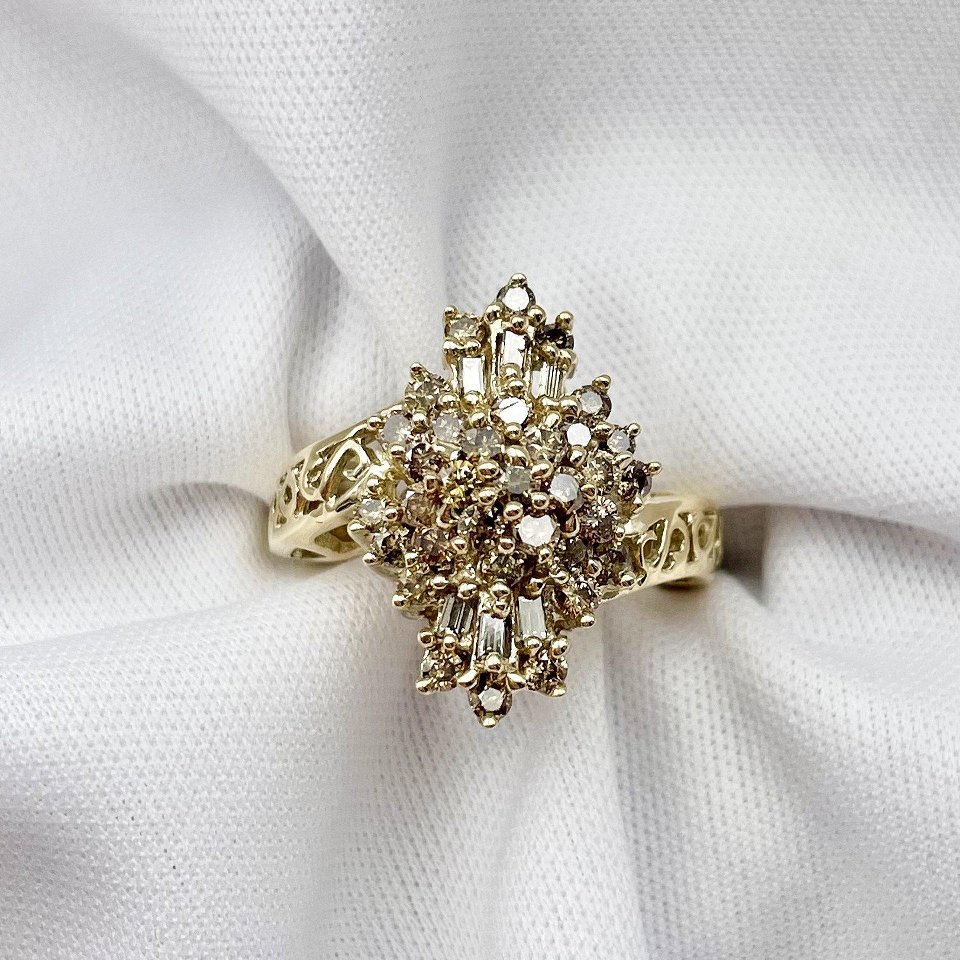 close up white background 1/2ctw Ladies Champagne Diamond Vintage Cluster Ring 10k Yellow Gold