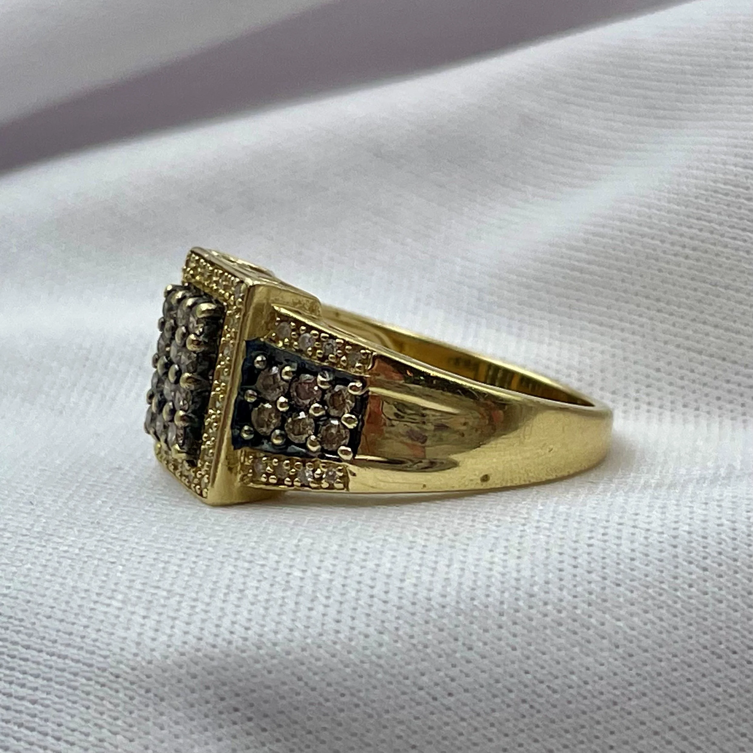 side view of 1/2ctw Ladies Fancy Chocolate and White Diamond Statement Ring with white background