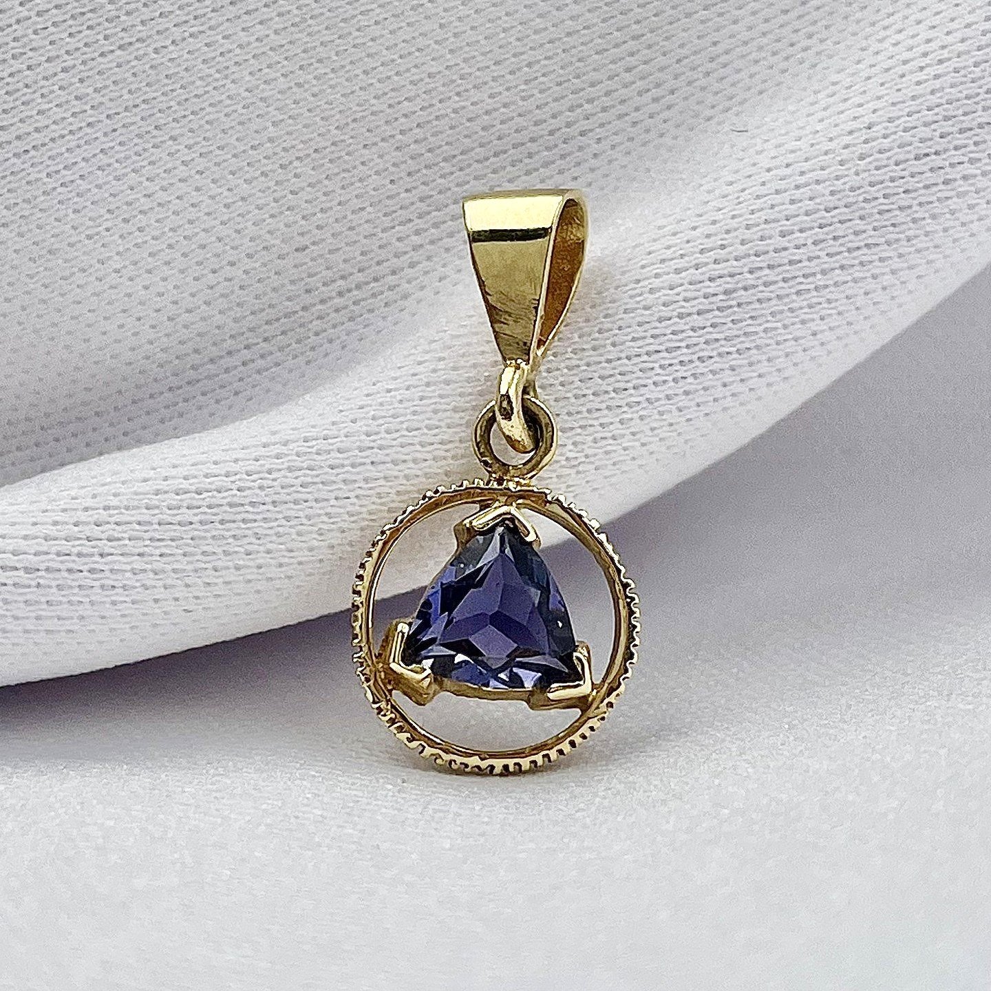 close up white background Trillion Cut Iolite AA Pendant 14k Yellow Gold