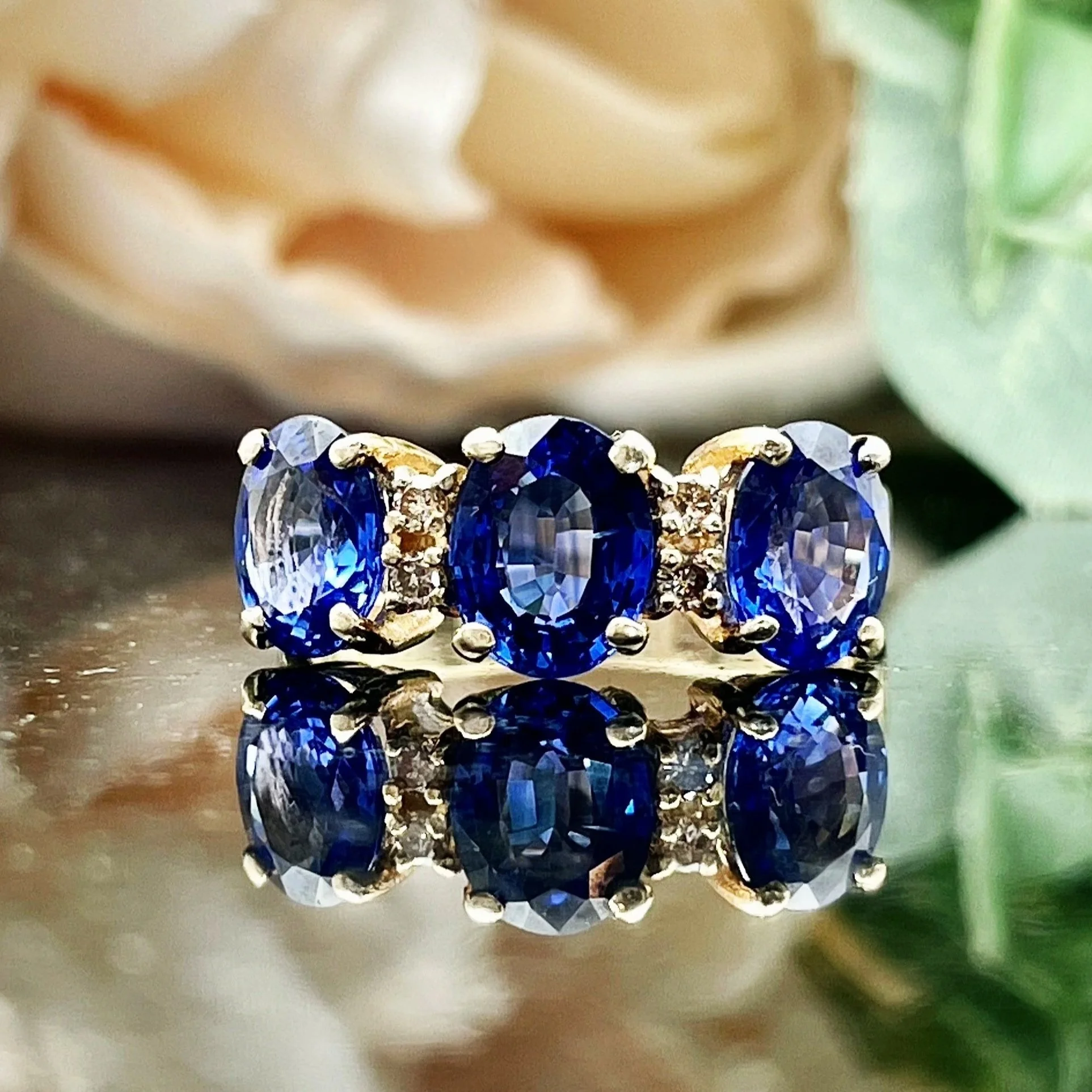 14k Yellow Gold Sapphire Three Stone With Diamond Accents Ladies Ring