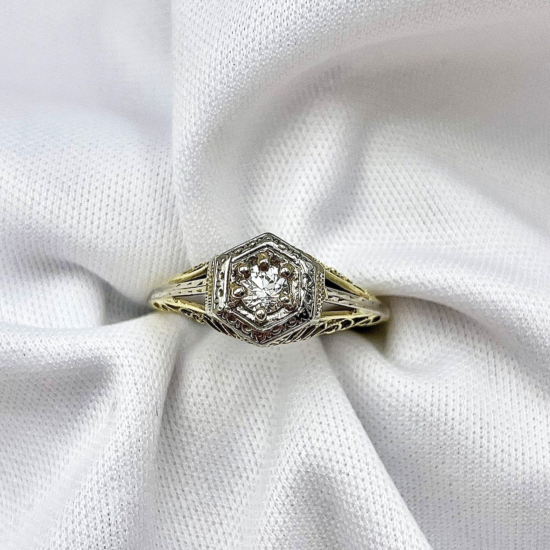 top down white background .20ct Old European Cut Diamond 14k Two Tone Yellow And White Gold Estate Ring