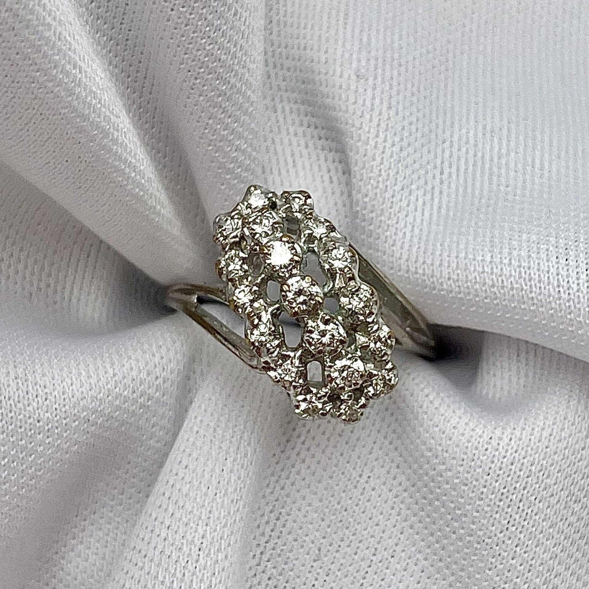 top down white background 10k White Gold Split Shoulder 1/5ctw Diamond Cluster Vintage Ring