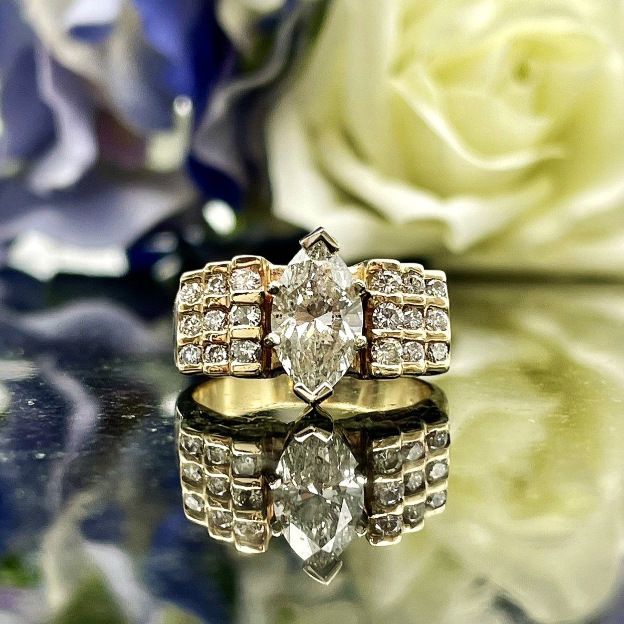 close up in front of flowers 2.11ctw Marquise Diamond Statement Engagement Ring 14k Yellow Gold