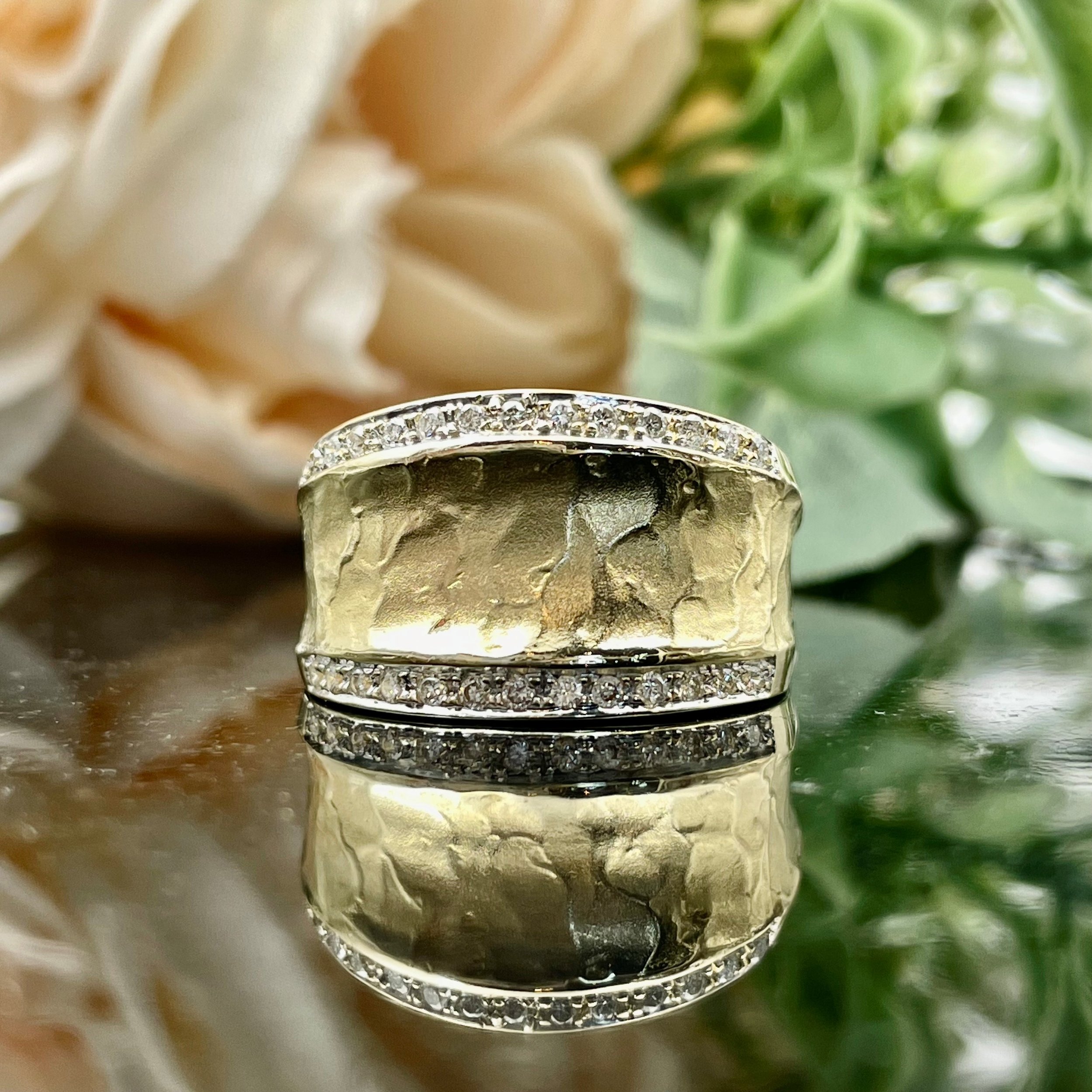 14k Yellow Gold .15ctw Diamond Accents Fancy Wide Fashion Band Unique Ladies Ring